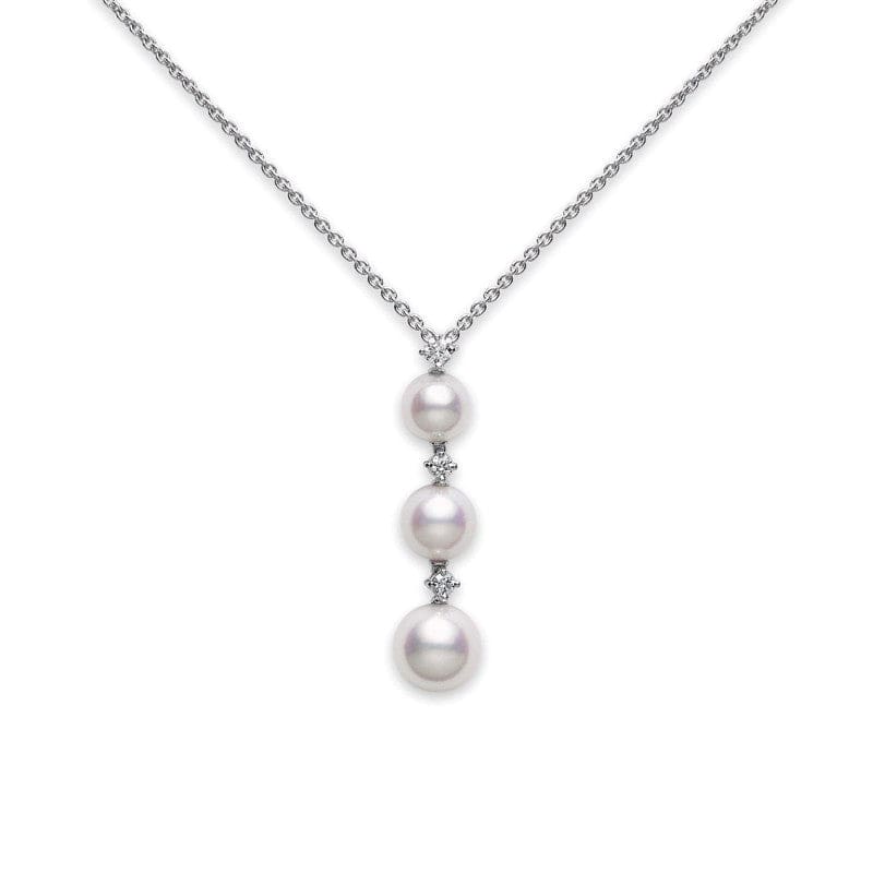 Mikimoto 18K White Gold Diamond and Three Akoya Pearl Necklace