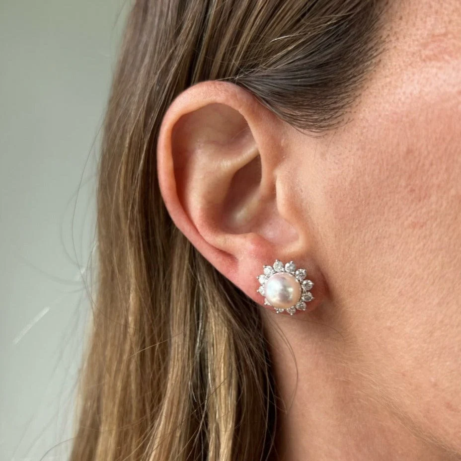 Mikimoto 18K White Gold Pearl and Diamond Earrings - Image 2