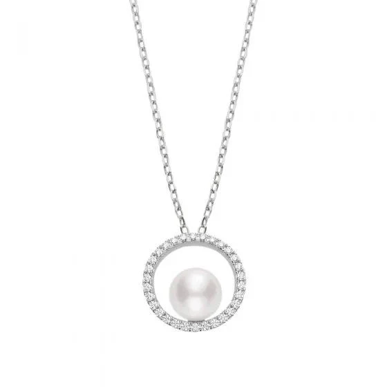 Mikimoto 18K White Gold Pearl Diamond Circle Pendant