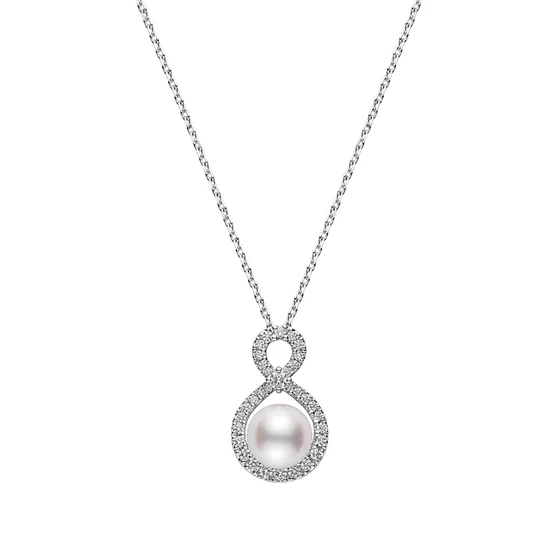 Mikimoto 18K White Gold Pearl Diamond Halo Pendant Necklace