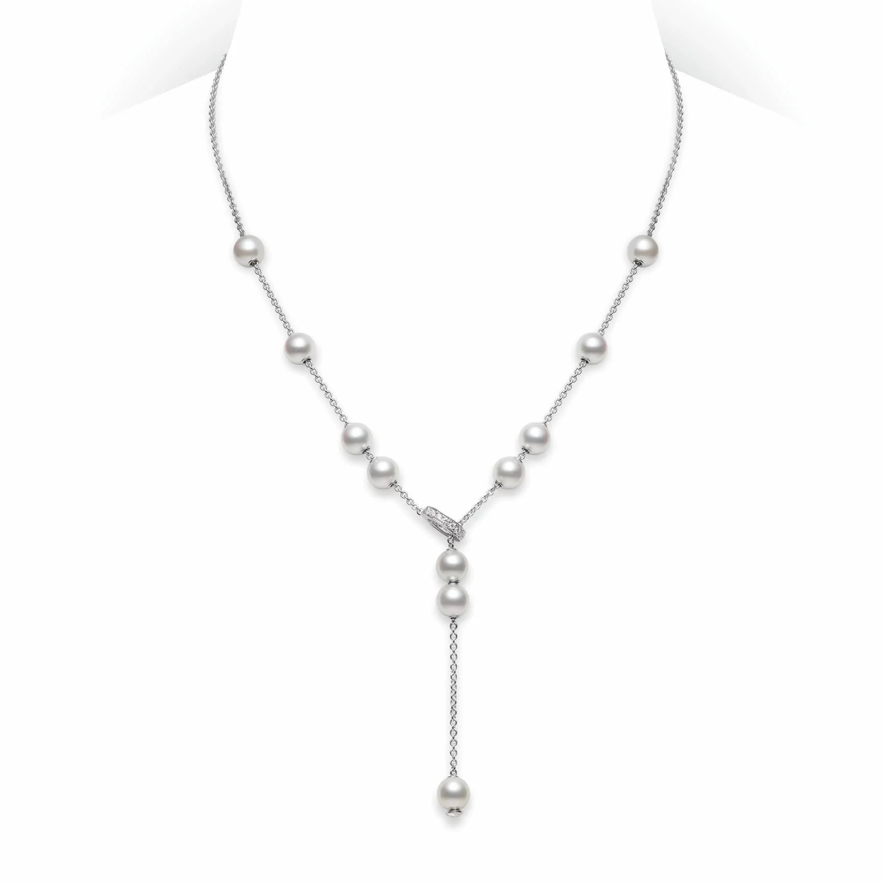 Mikimoto 18K White Gold Pearls In Motion Cultured Pearl and Diamond Pendant Necklace