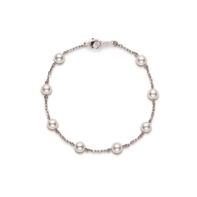 Mikimoto 18K White Gold Tin Cup Pearl Station Bracelet