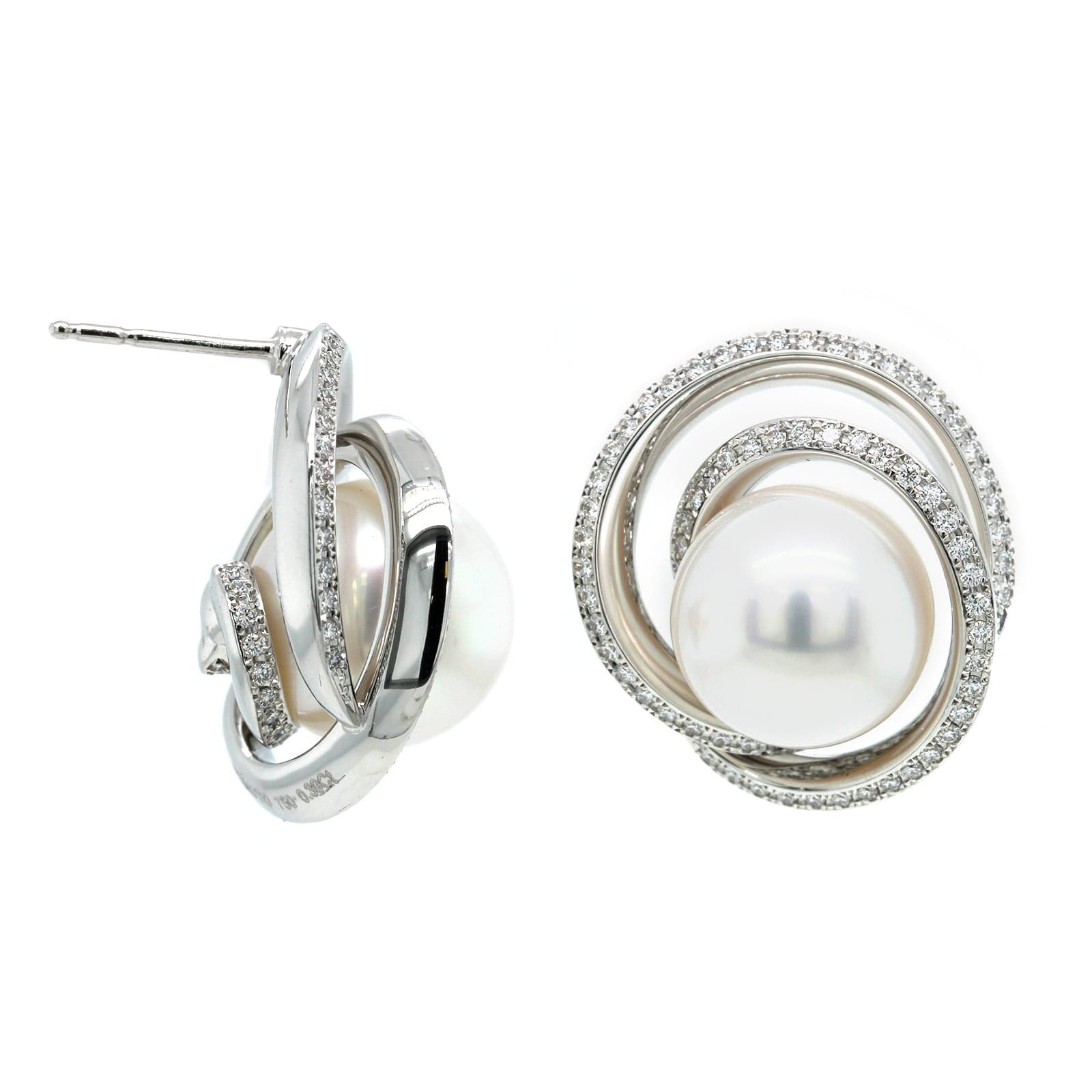 Mikimoto 18K White Gold White south Sea Pearl Diamond Swirl Earrings - Image 3