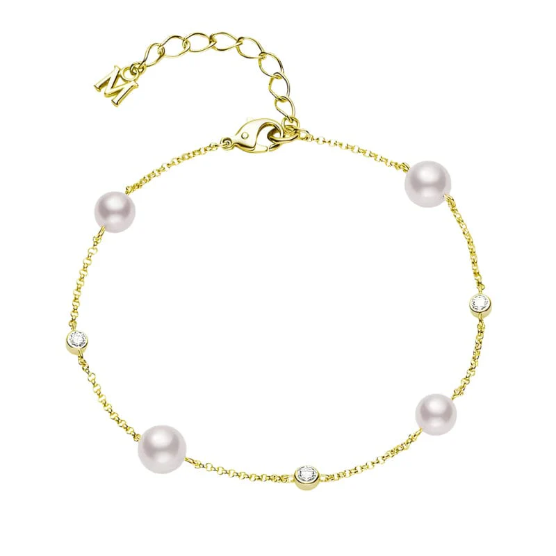 Mikimoto 18K Yellow Gold Akoya Pearl and Diamond Station Bracelet