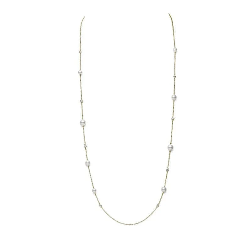 Mikimoto 18K Yellow Gold Diamond and Akoya Pearl Station Necklace