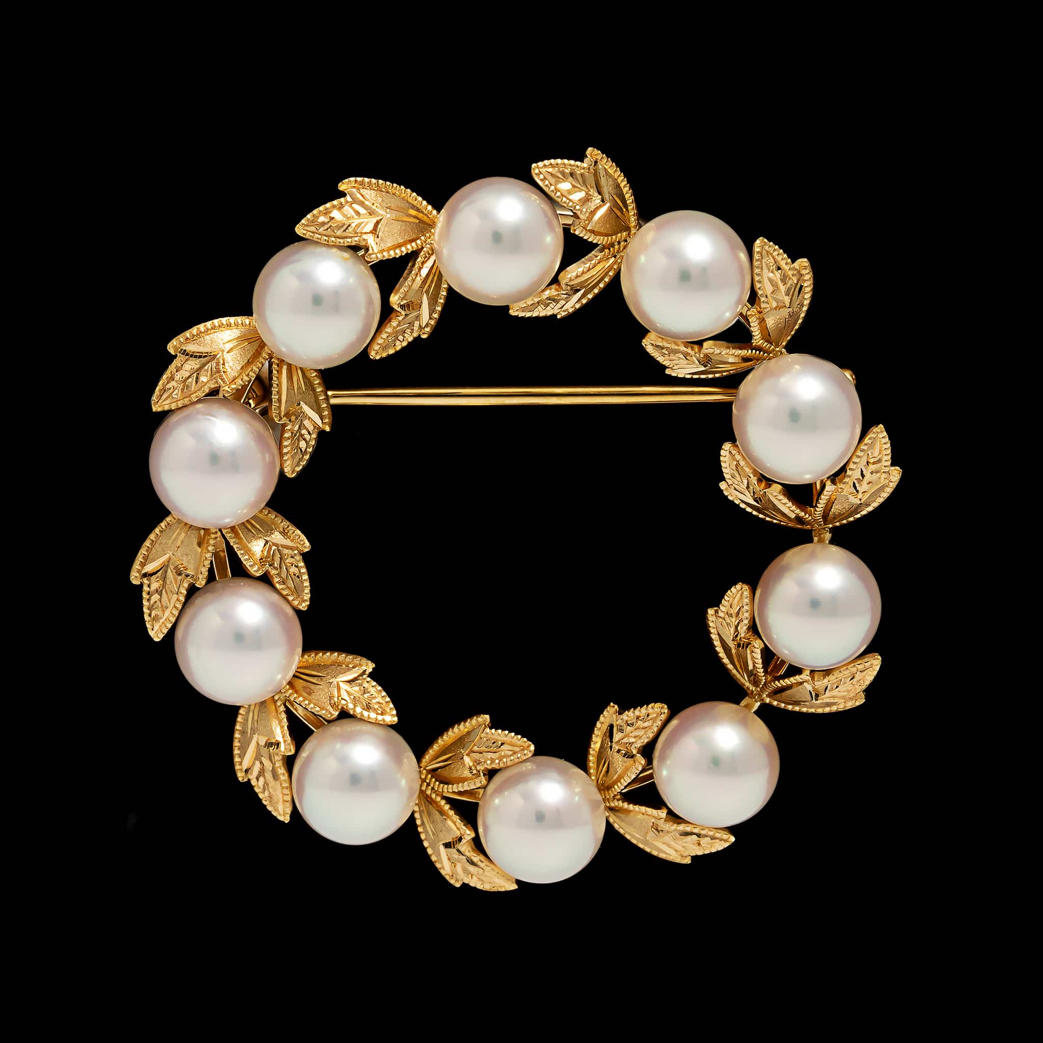 Mikimoto 18K Yellow Gold Estate Akoya Cultured Pearl Wreath Pin