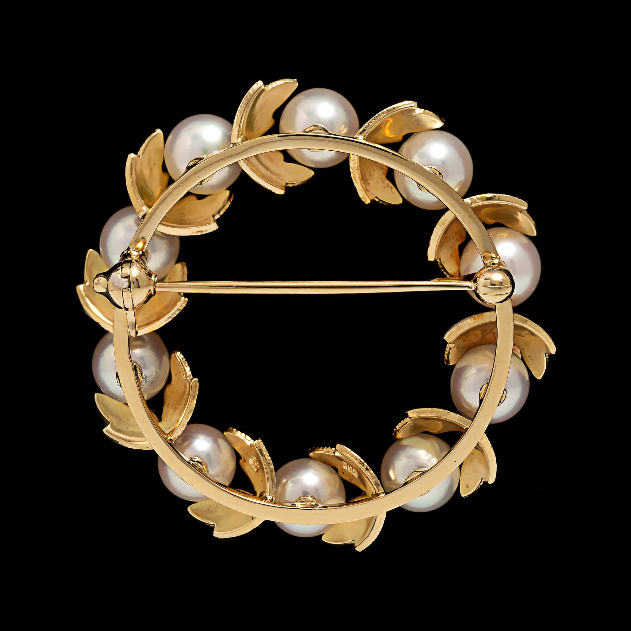 Mikimoto 18K Yellow Gold Estate Akoya Cultured Pearl Wreath Pin - Image 2