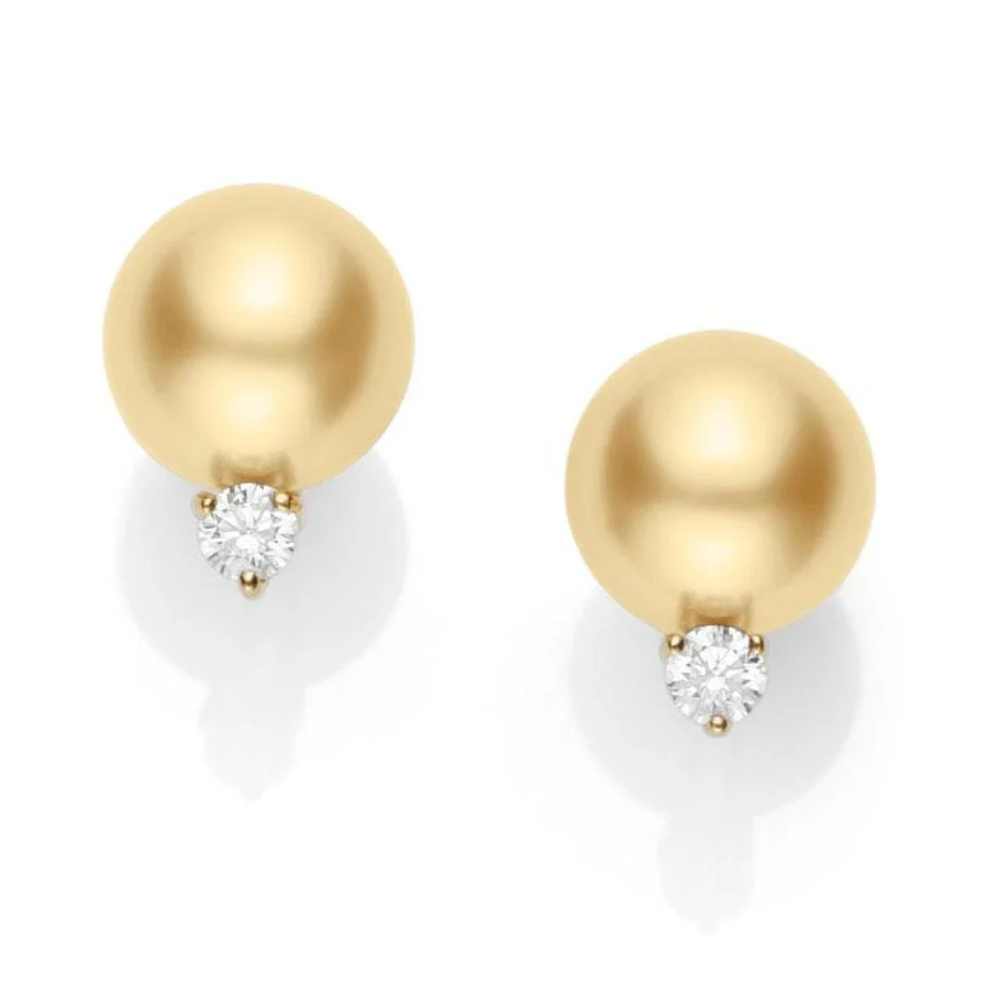 Mikimoto 18K Yellow Gold Golden South Sea Pearl Diamond Earrings
