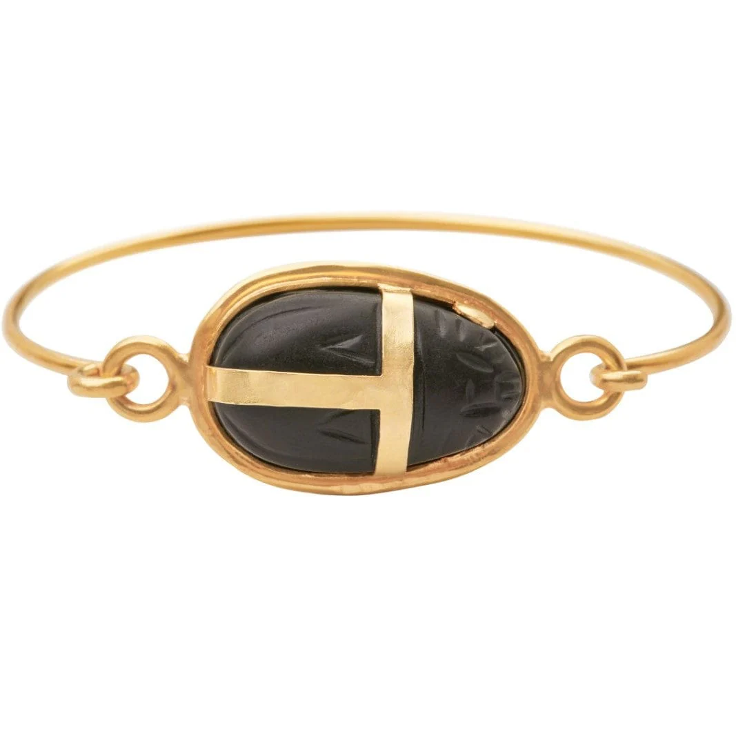 Christina Alexiou 14K Yellow Gold Black Agate Scarab Cuff Bracelet