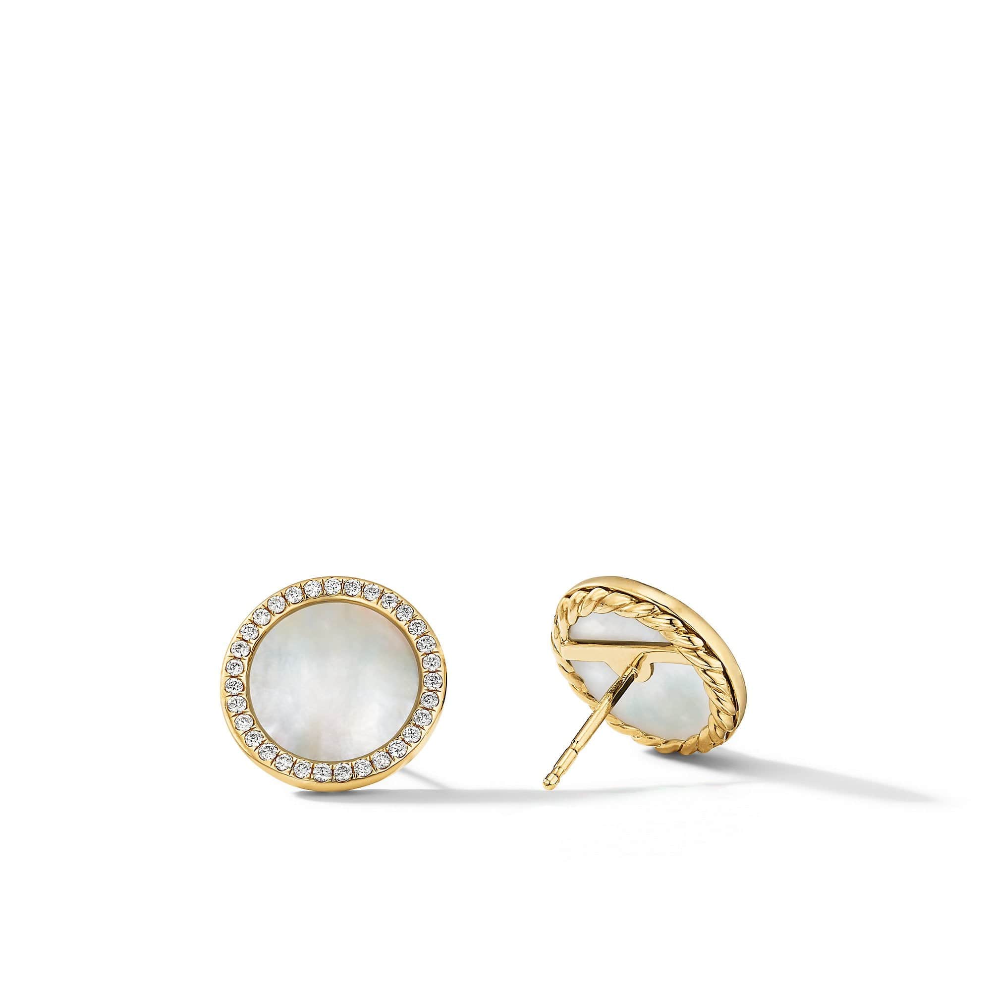 DY Elements Button Stud Earrings in 18K Yellow Gold with Mother of Pearl and Pavé Diamonds - Image 2