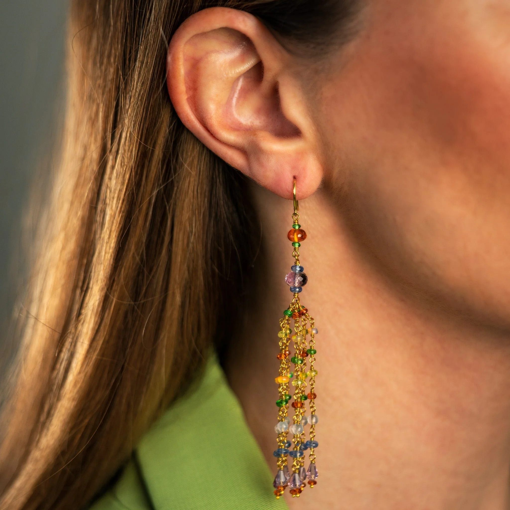 Mallary Marks 22K and 18K Yellow Gold Multi Gemstone Tassel Drop Earrings - Image 2