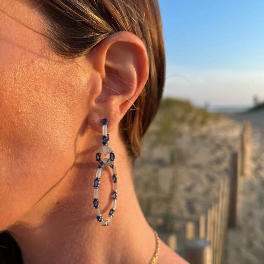 Etho Maria 18K White Gold Oval Sapphire and Mother of Pearl Hoop Drop Earrings - Image 2