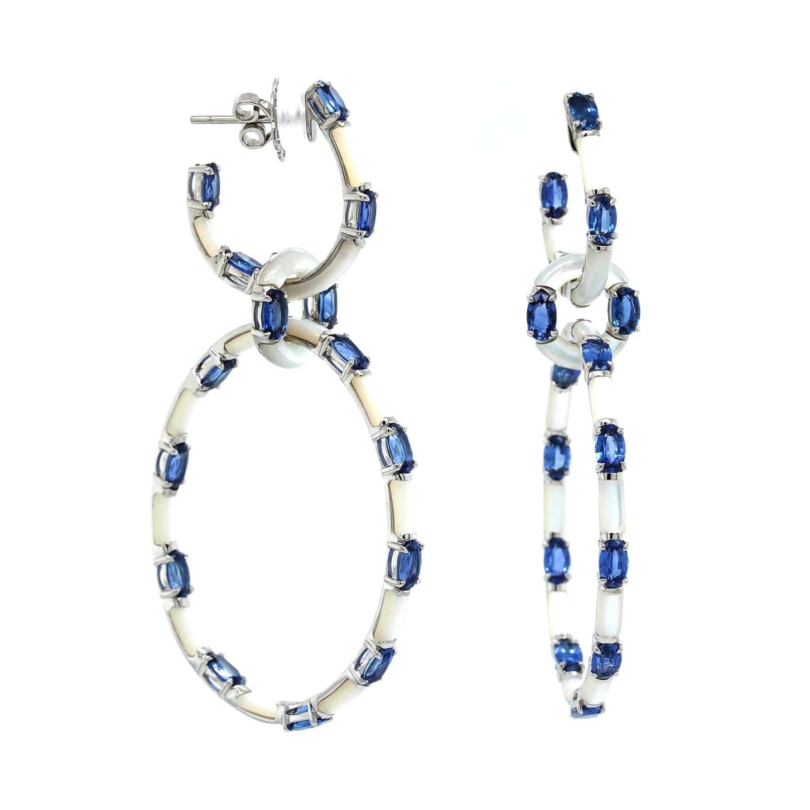 Etho Maria 18K White Gold Oval Sapphire and Mother of Pearl Hoop Drop Earrings - Image 4