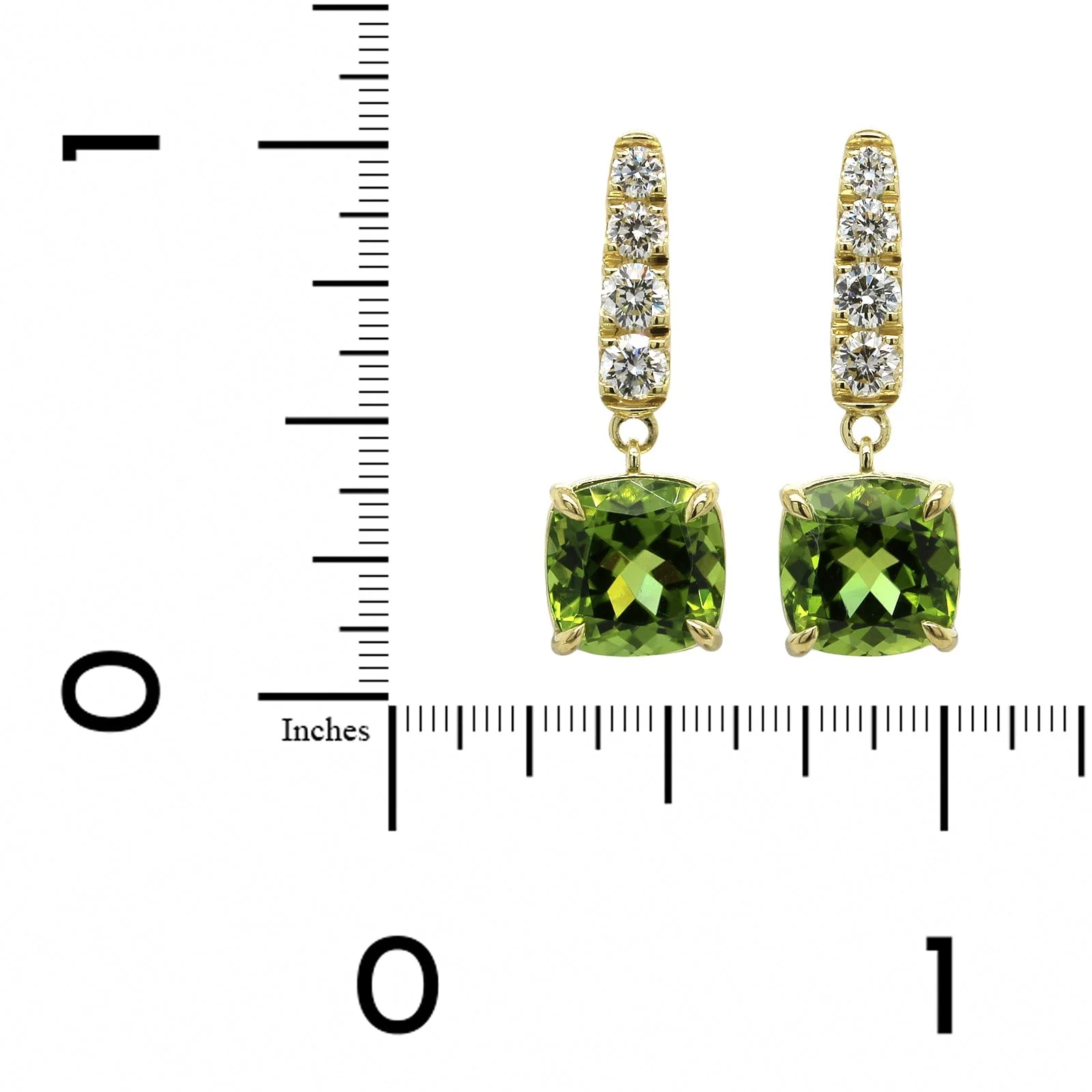 18K Yellow Gold Cushion Cut Peridot Diamond Drop Earrings - Image 2