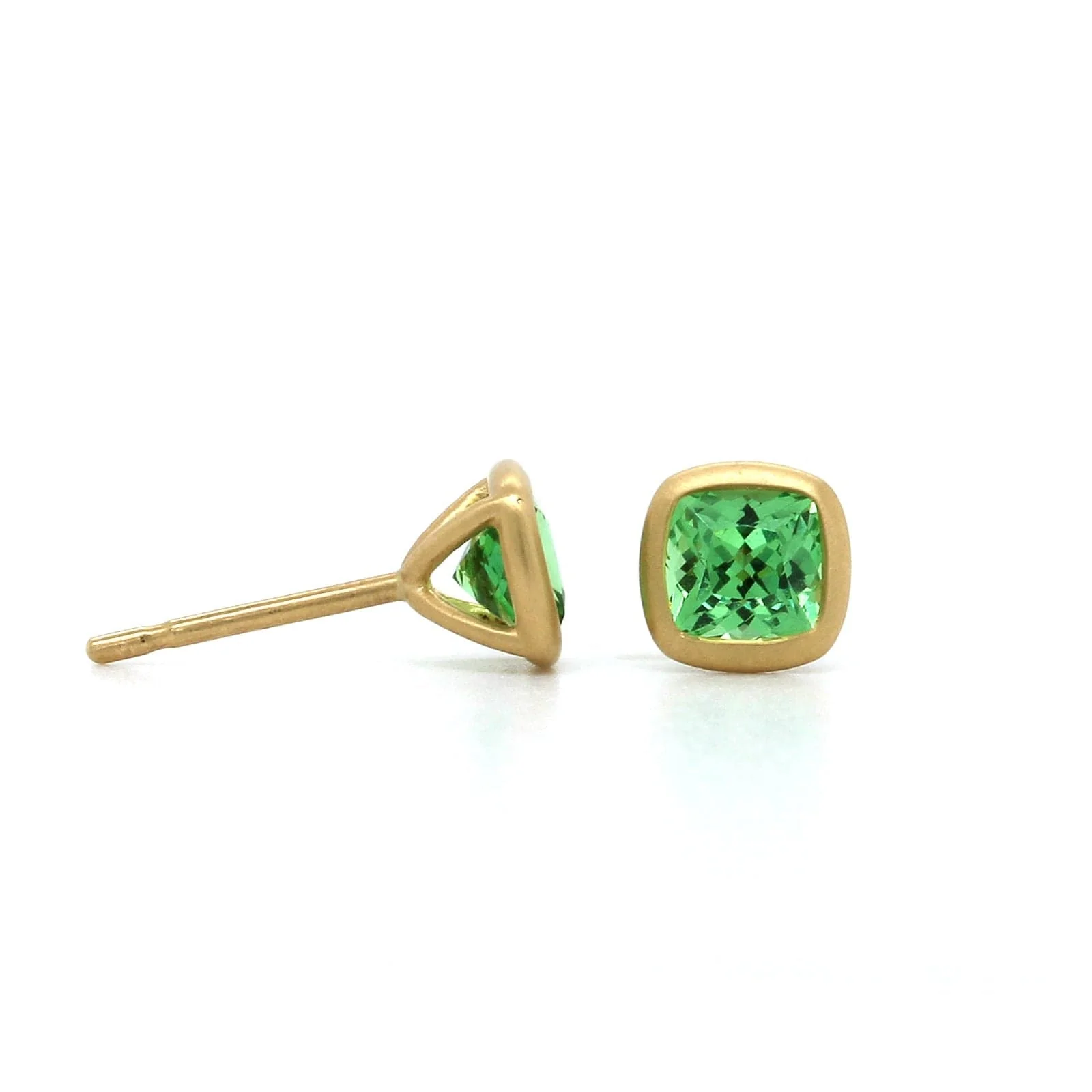 18K Yellow Gold Cushion Tsavorite Stud Earrings