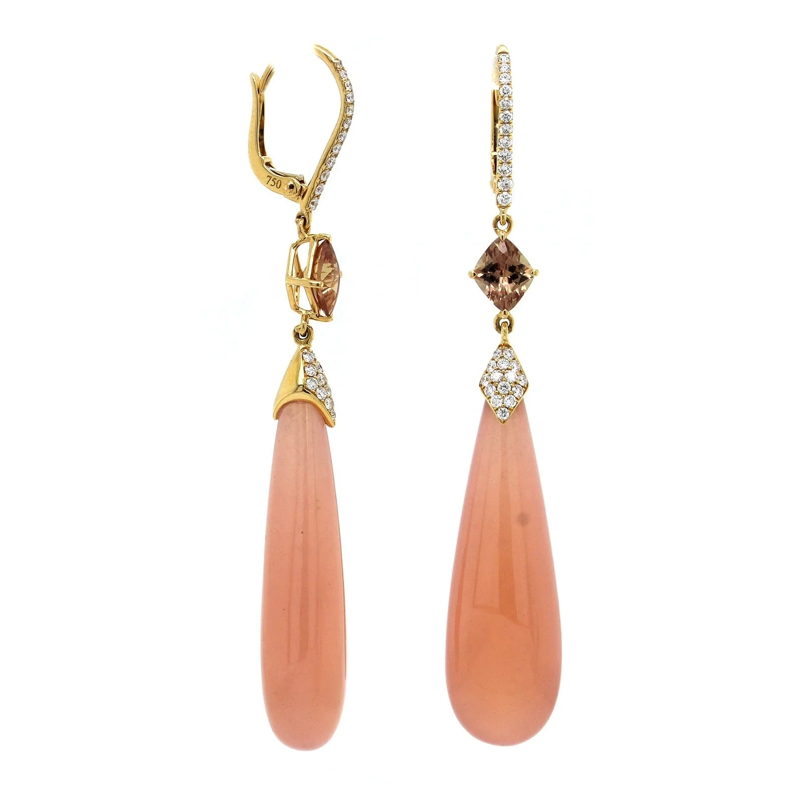 18K Yellow Gold Garnet Orange Sapphire Drop Earrings - Image 3