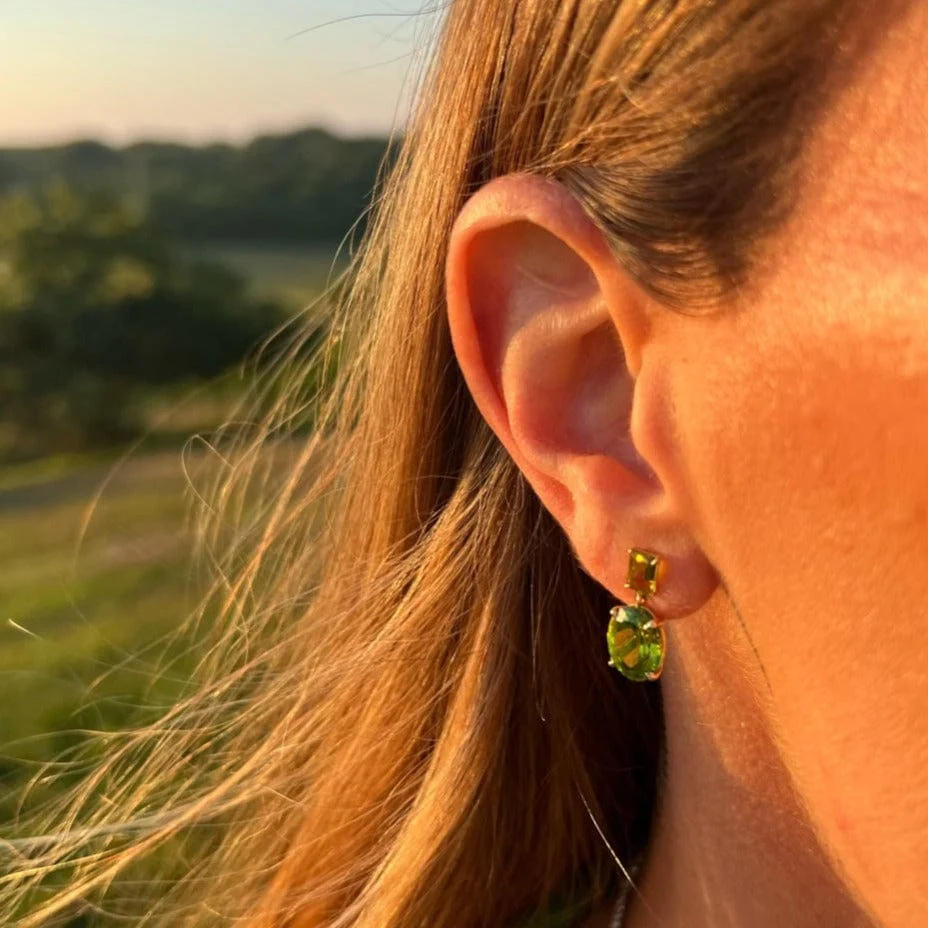 18K Yellow Gold Peridot Tourmaline Drop Earrings - Image 2