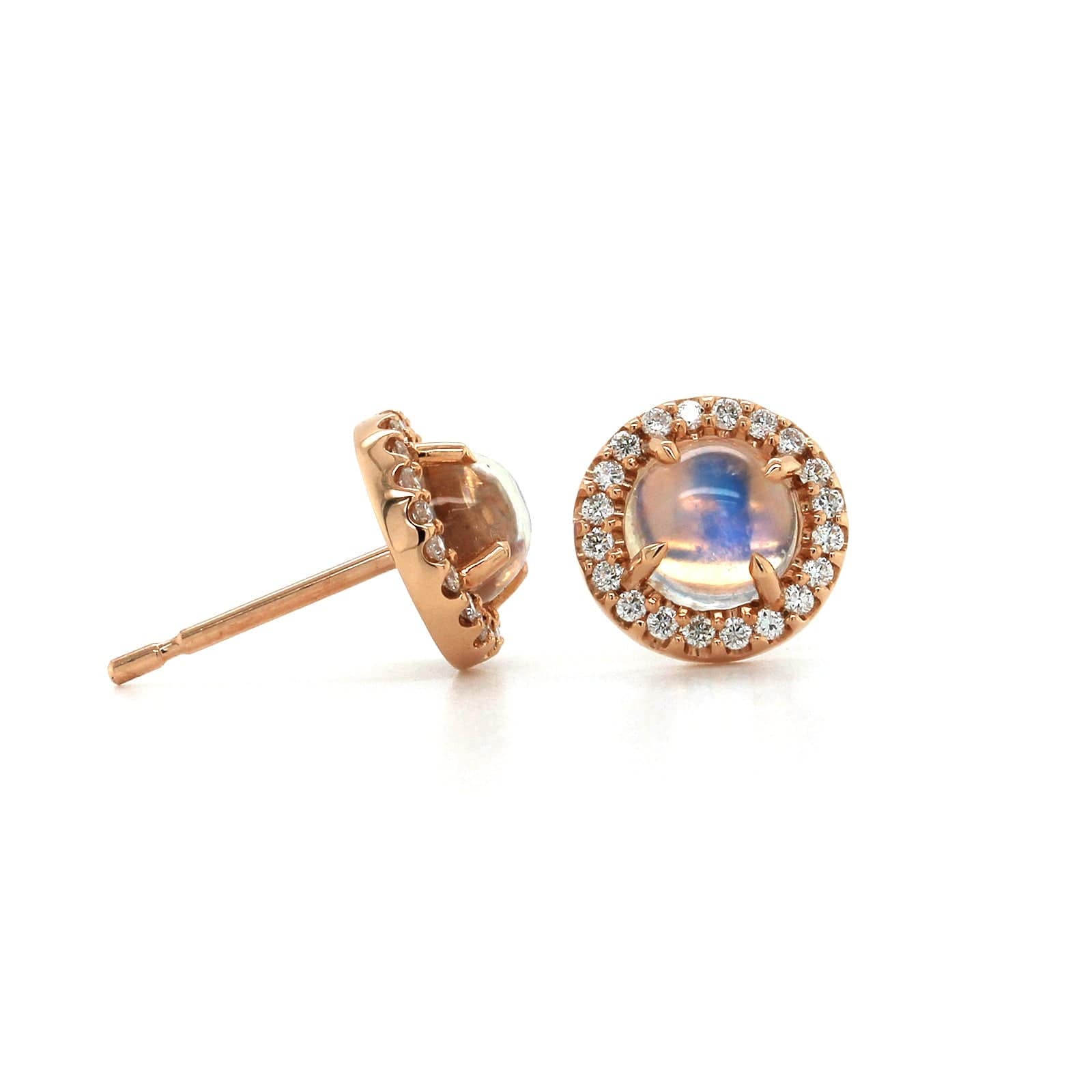 18K Rose Gold Moonstone Diamond Halo Stud Earrings