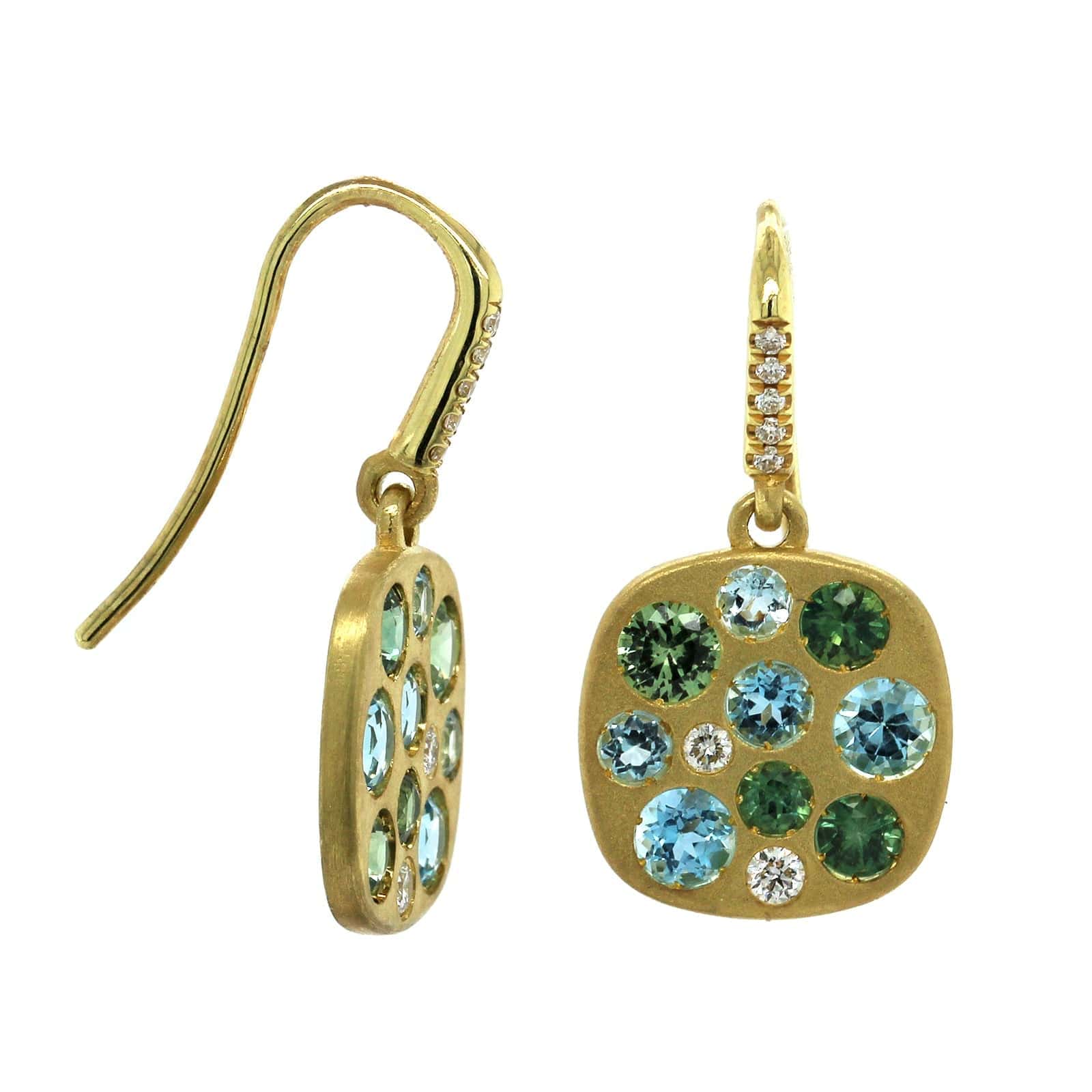 18K Yellow Gold Gypsy Set Multi Stone Drop Earrings