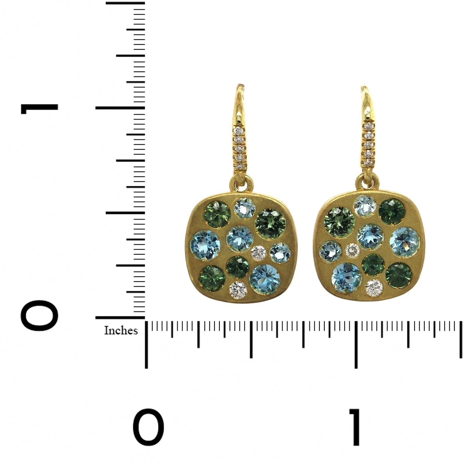 18K Yellow Gold Gypsy Set Multi Stone Drop Earrings - Image 2