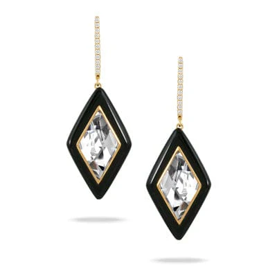 18K Yellow Gold White Topaz and Onyx Drop Earrings