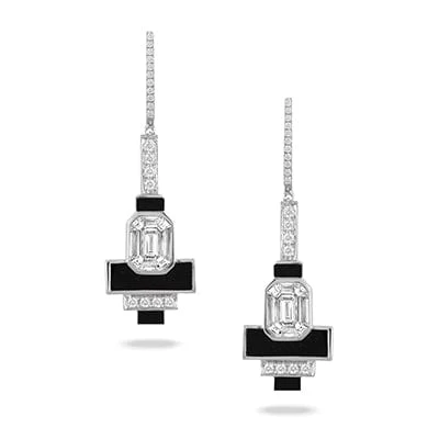18K Yellow Gold Diamond Onyx Drop Earrings