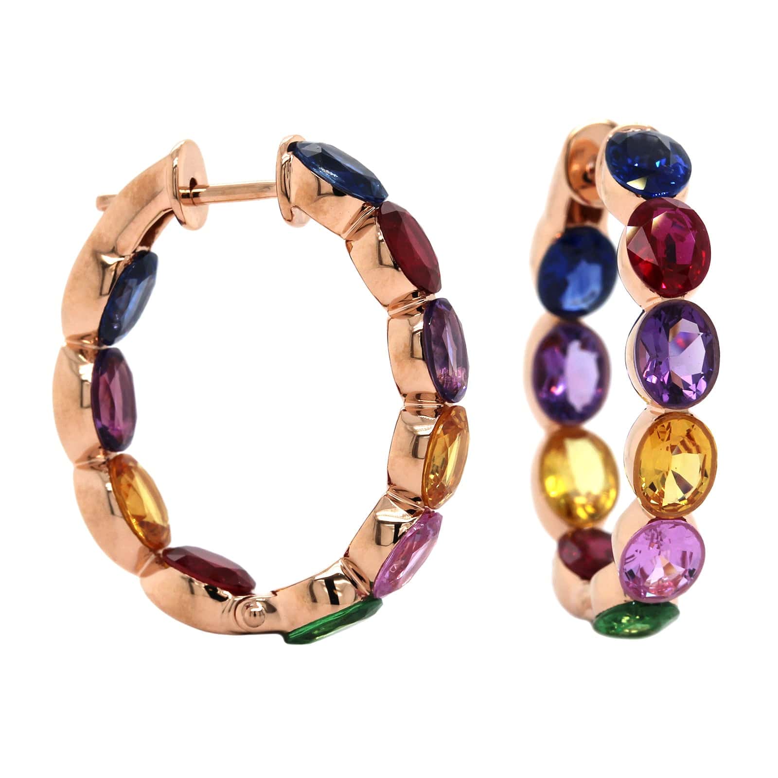 18K Rose Gold Oval Multi Stone Hoop Earrings - Image 3