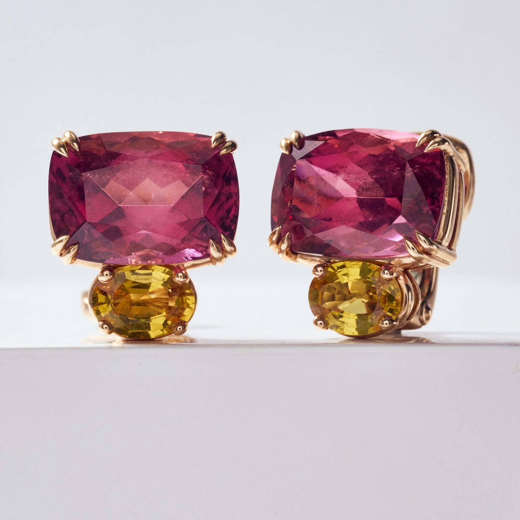 18K Rose Gold Pink Tourmaline and Yellow Sapphire Earrings - Image 2