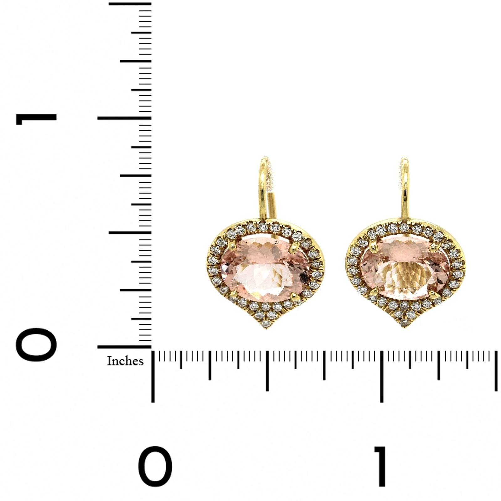 18K Yellow Gold Oval Morganite Diamond Halo Drop Earrings - Image 2