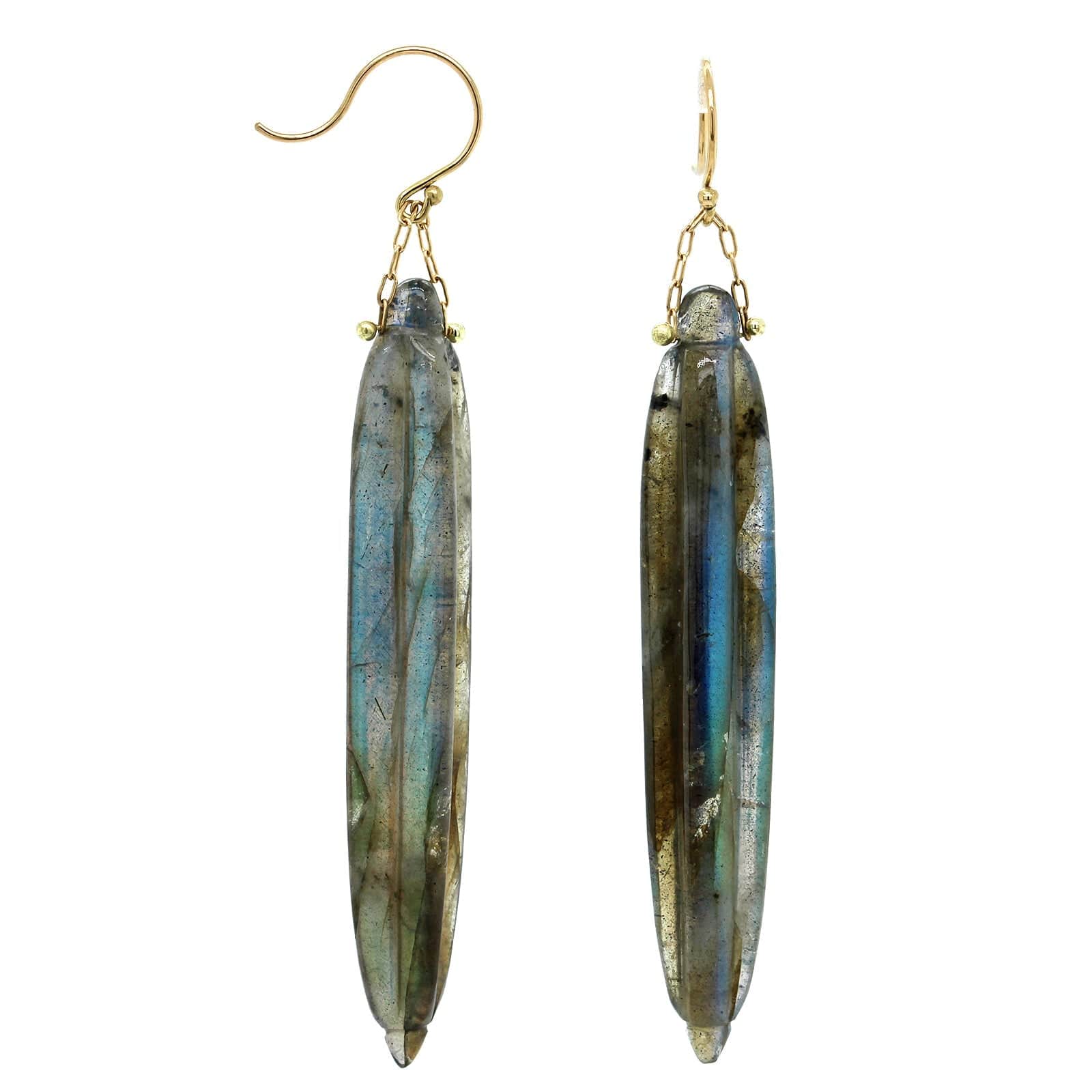 18K Yellow Gold Labradorite Pine Needle Drop Earrings