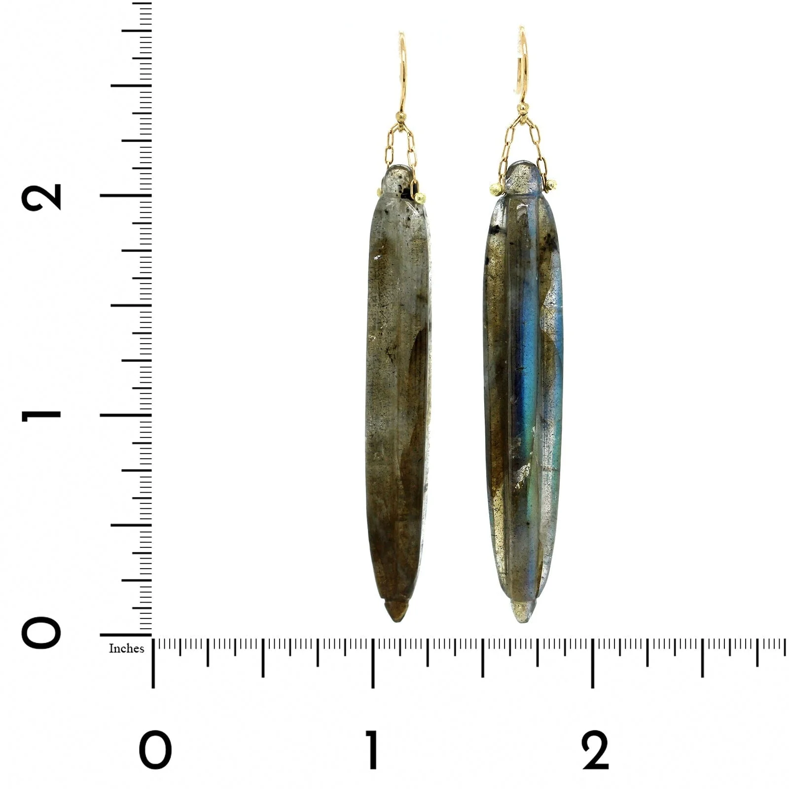 18K Yellow Gold Labradorite Pine Needle Drop Earrings - Image 2