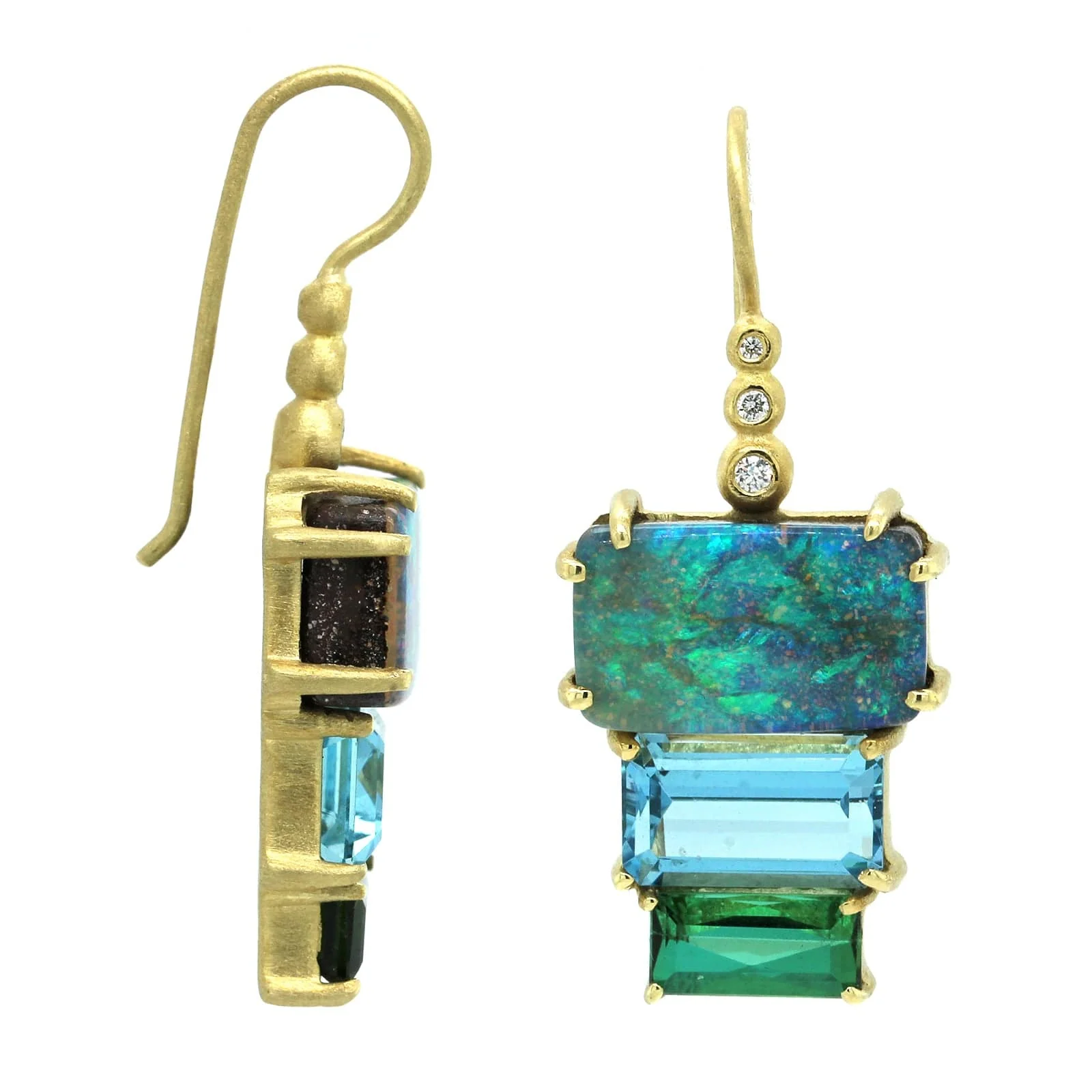 Suzy Landa 18K Yellow Gold Block Shape Multi Stone Drop Earrings - Image 3