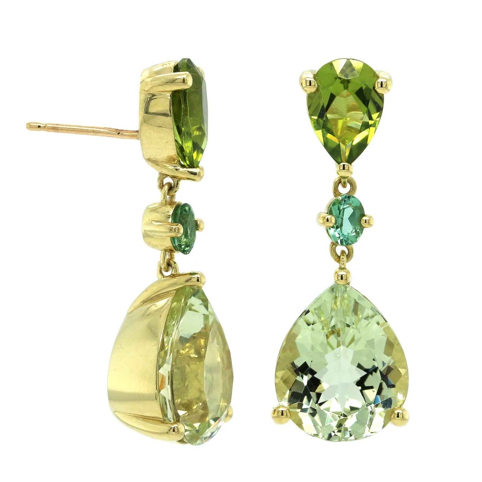 18K Yellow Gold Pear Shape Multi Stone Drop Earrings - Image 3