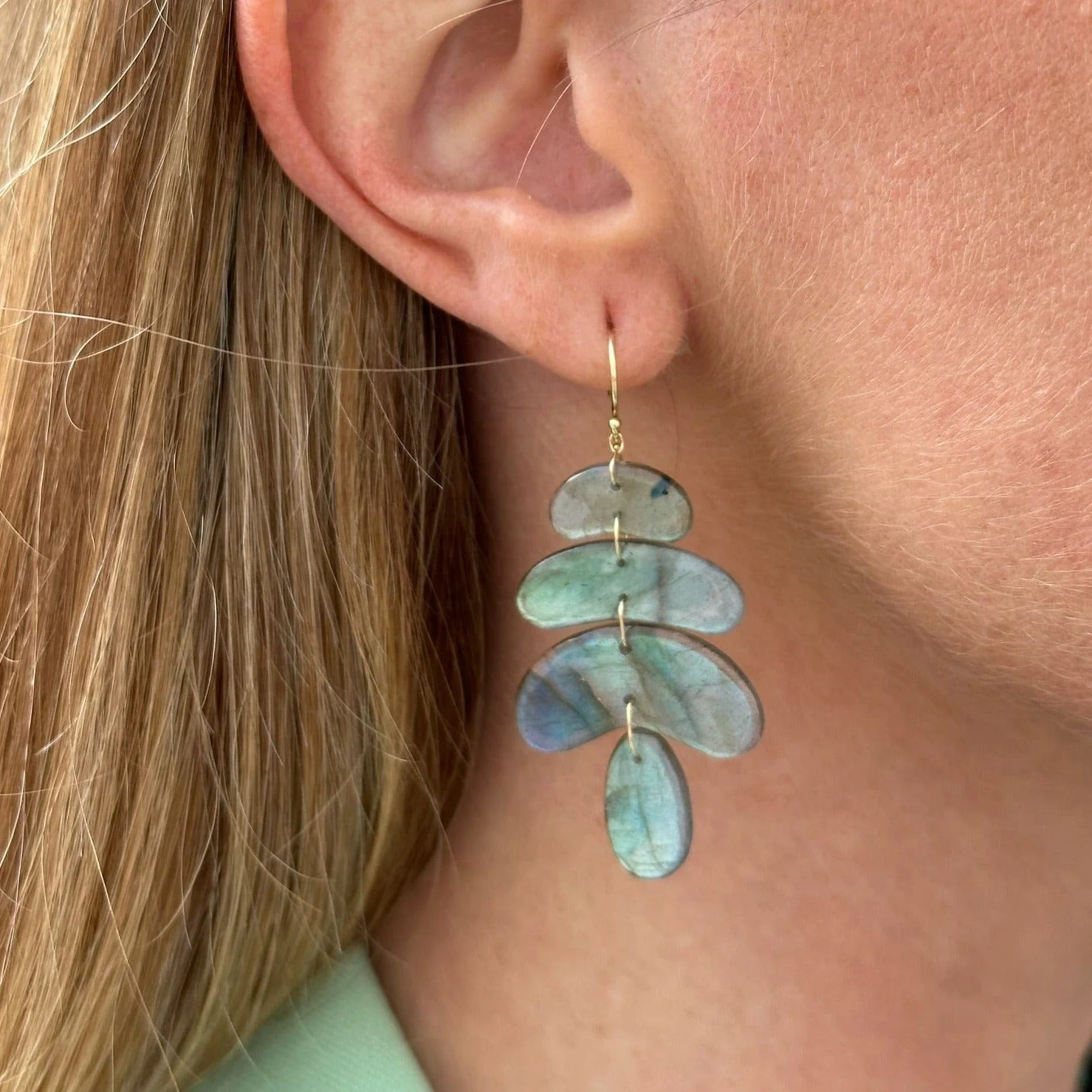 18K Yellow Gold Labradorite Totem Drop Earrings - Image 2