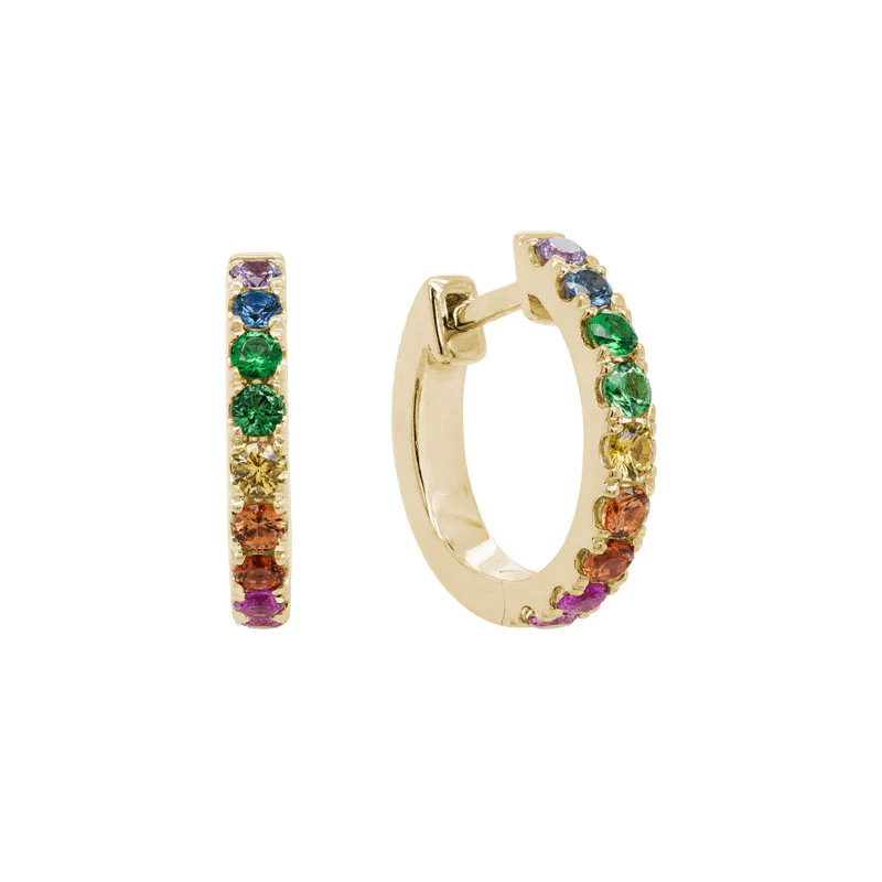14K Yellow Gold Rainbow Color Sapphire Huggie Earrings - Image 2