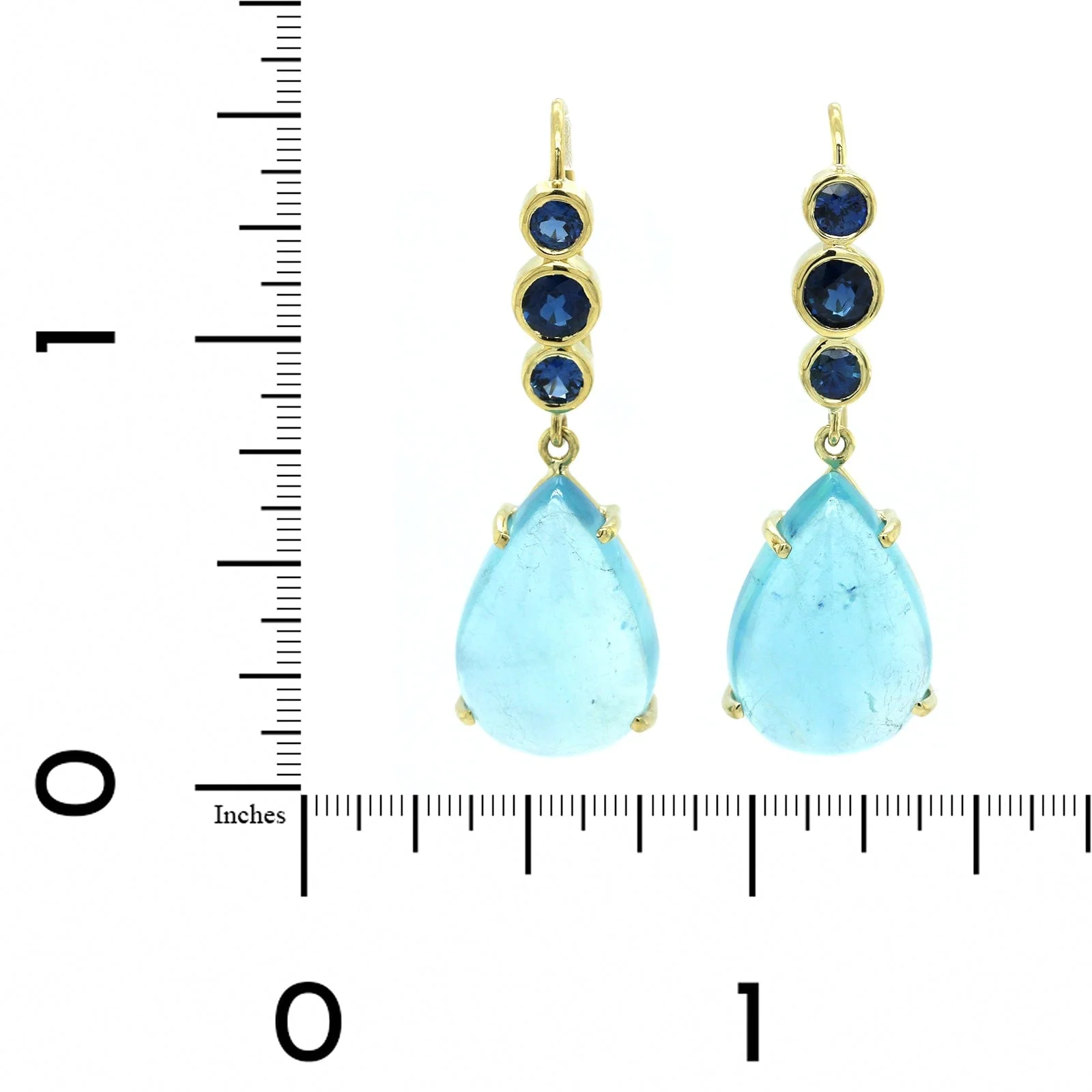 18K Yellow Gold Aquamarine and Sapphire Drop Earrings - Image 2