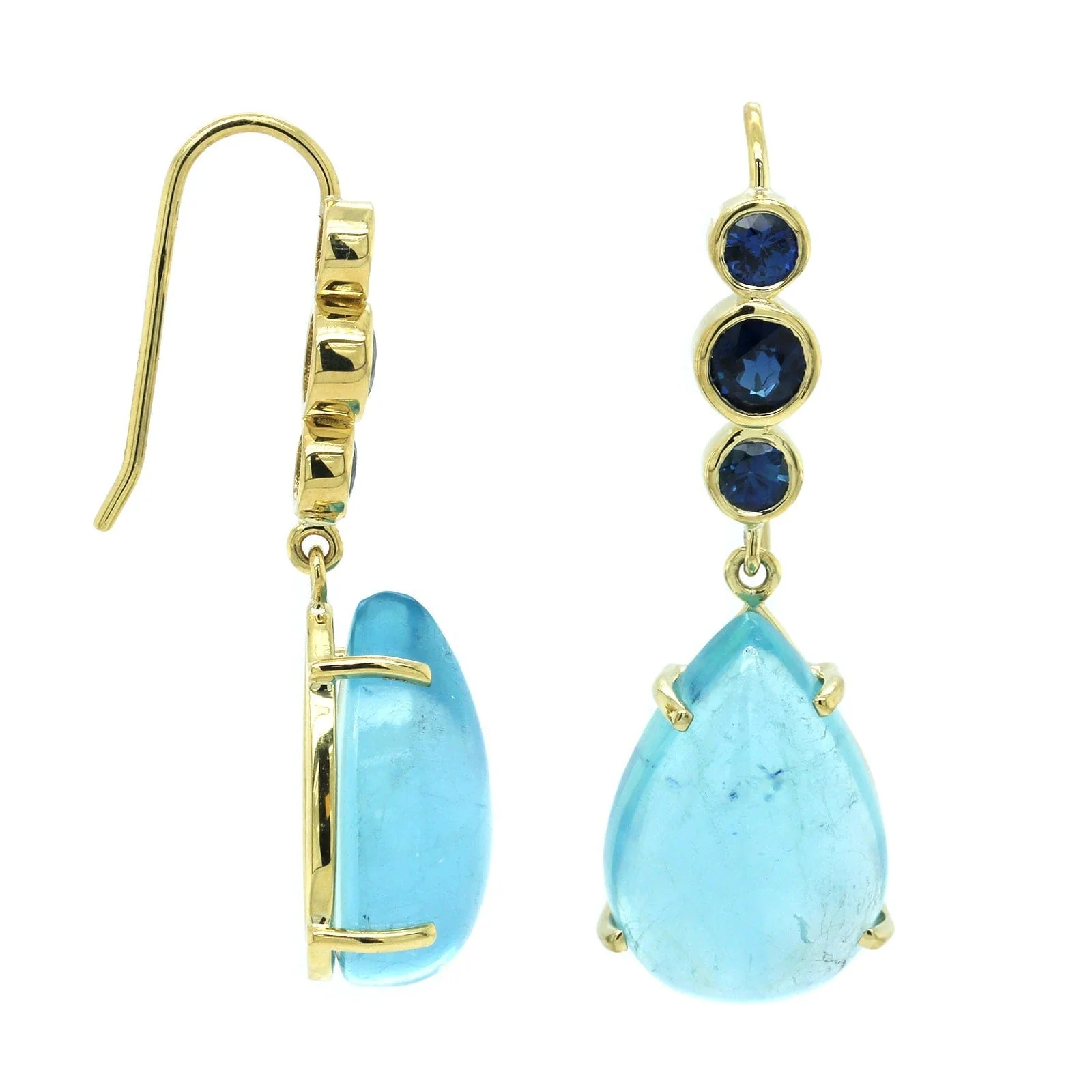 18K Yellow Gold Aquamarine and Sapphire Drop Earrings - Image 3