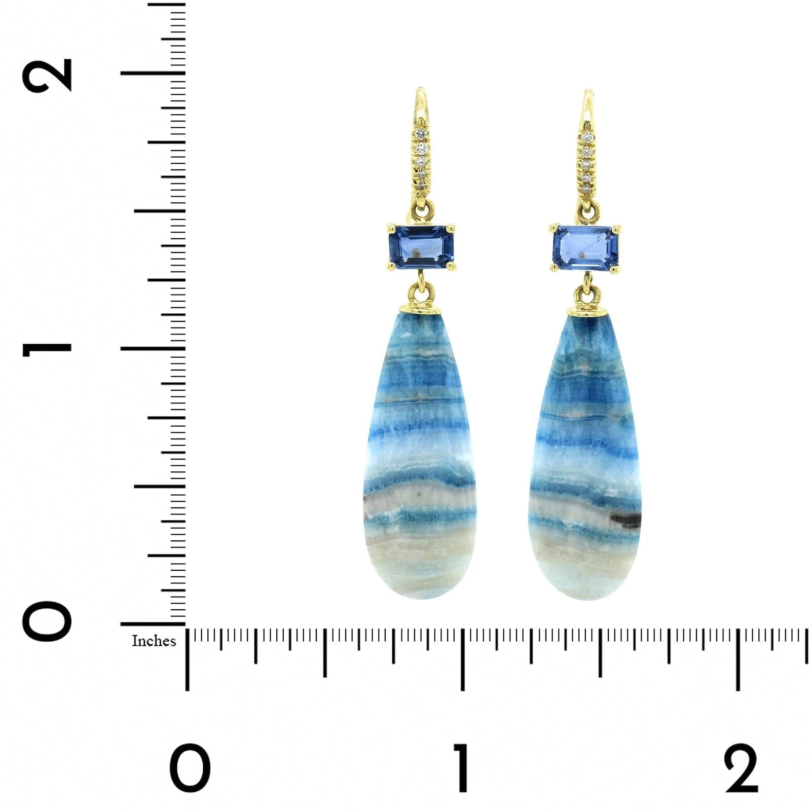 18K Yellow Gold Blue Calcite and Sapphire Drop Earrings - Image 2