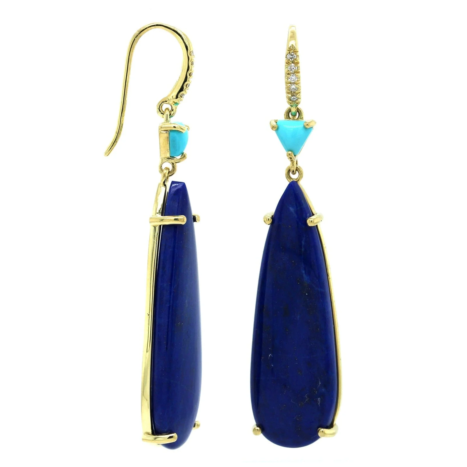 18K Yellow Gold Lapis and Turquoise Drop Earrings - Image 3