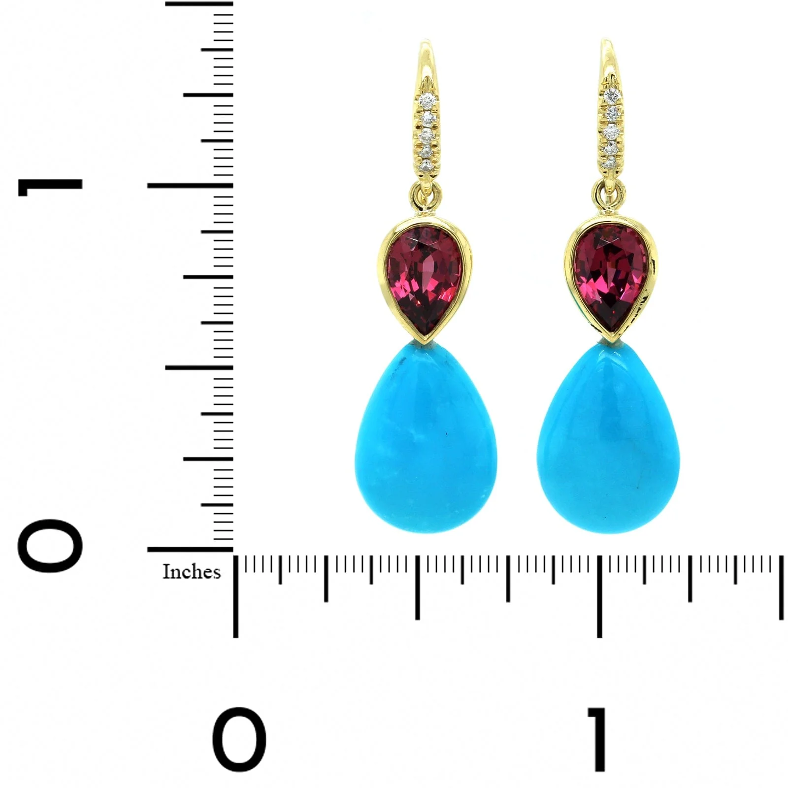 18K Yellow Gold Turquoise and Garnet Drop Earrings - Image 2
