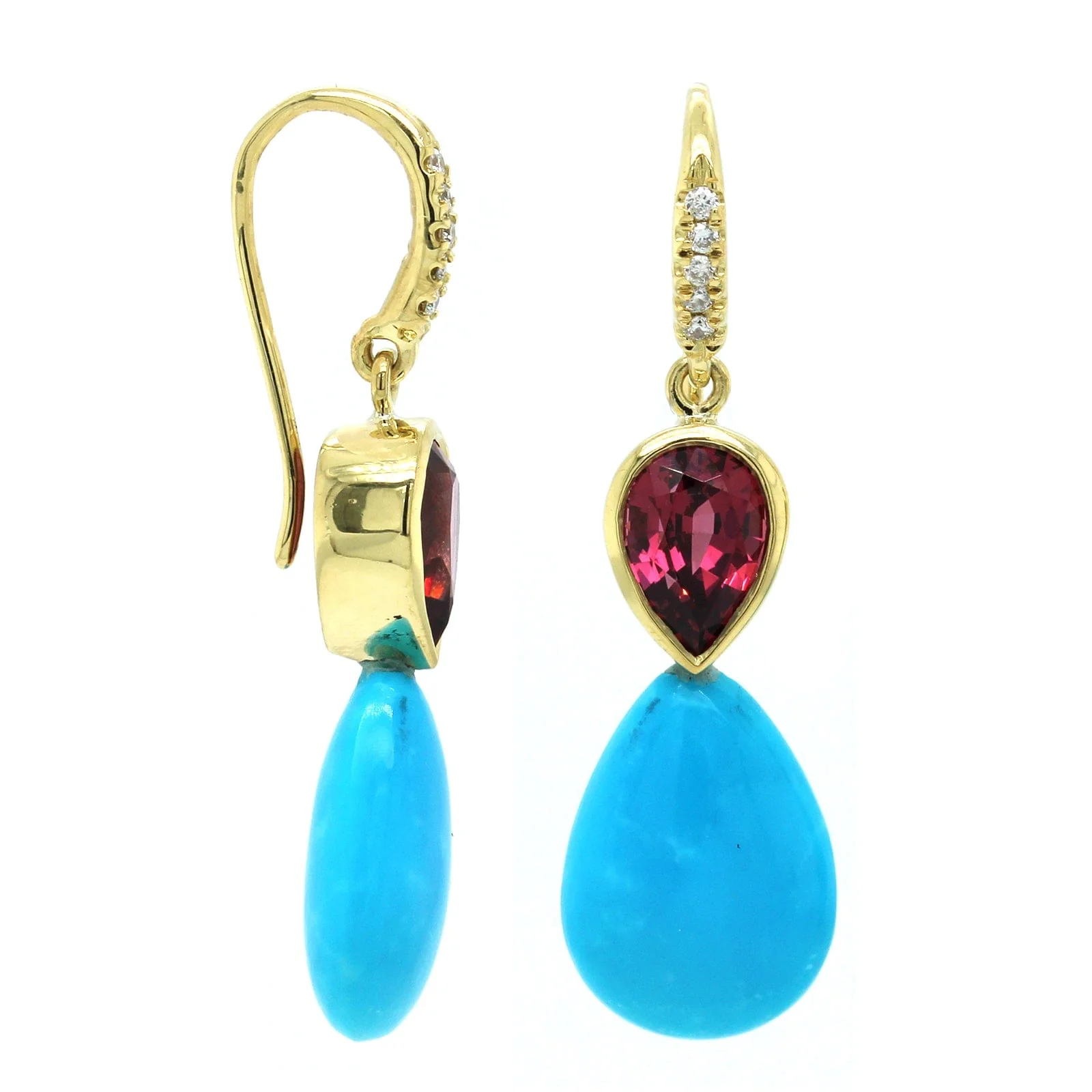 18K Yellow Gold Turquoise and Garnet Drop Earrings - Image 3