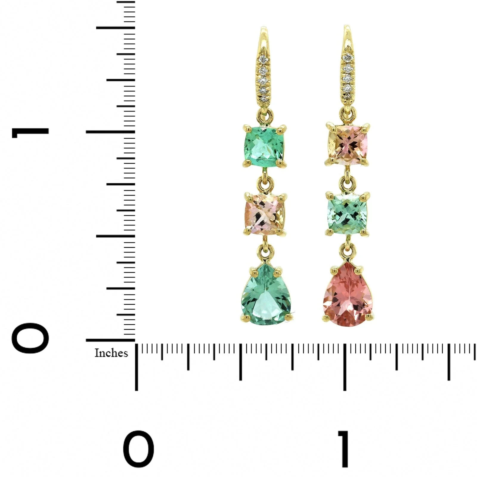 18K Yellow Gold Pink and Green Tourmaline Drop Earrings - Image 2