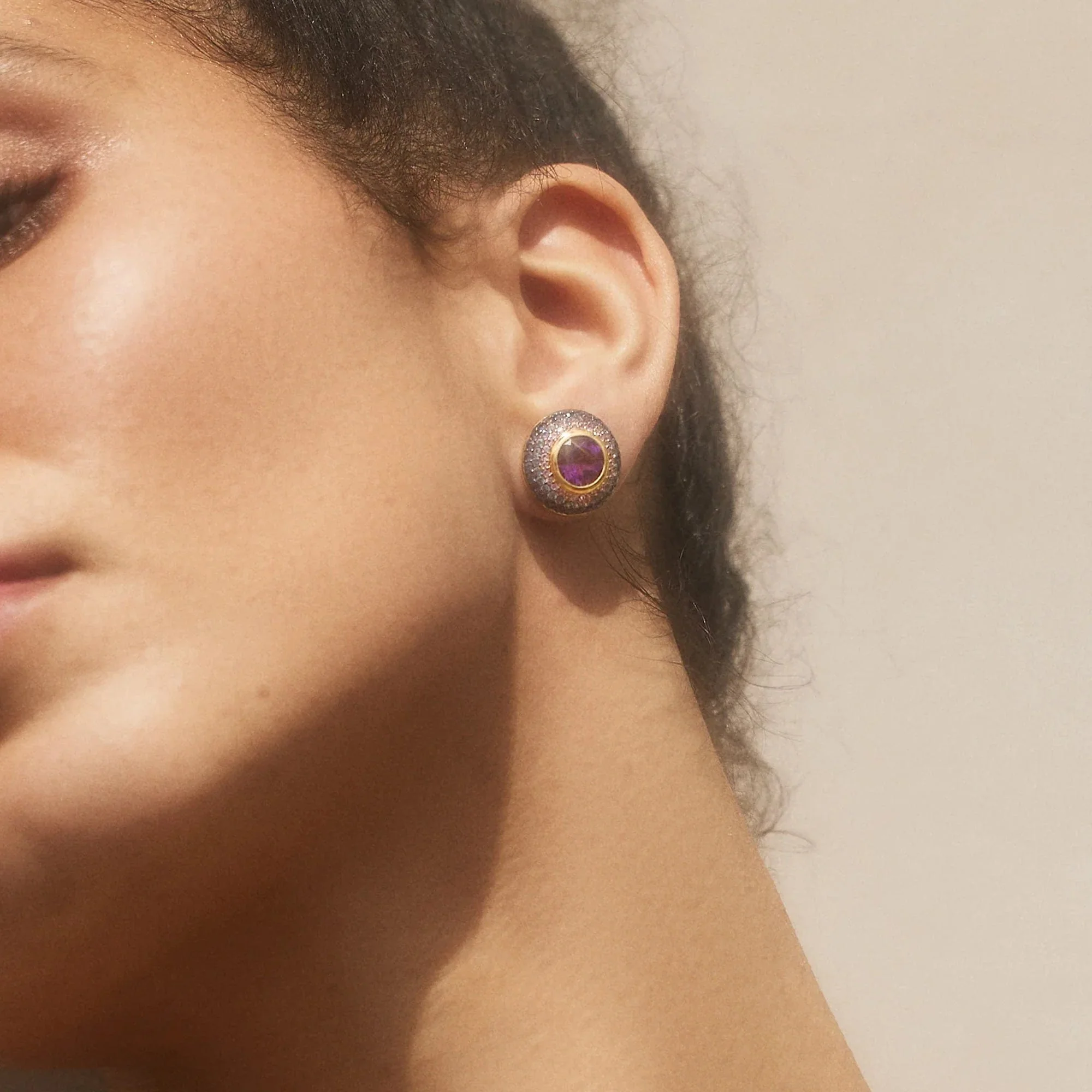 Emily P. Wheeler 18K Yellow Gold Ombre Amethyst and Sapphire Stud Earrings - Image 2