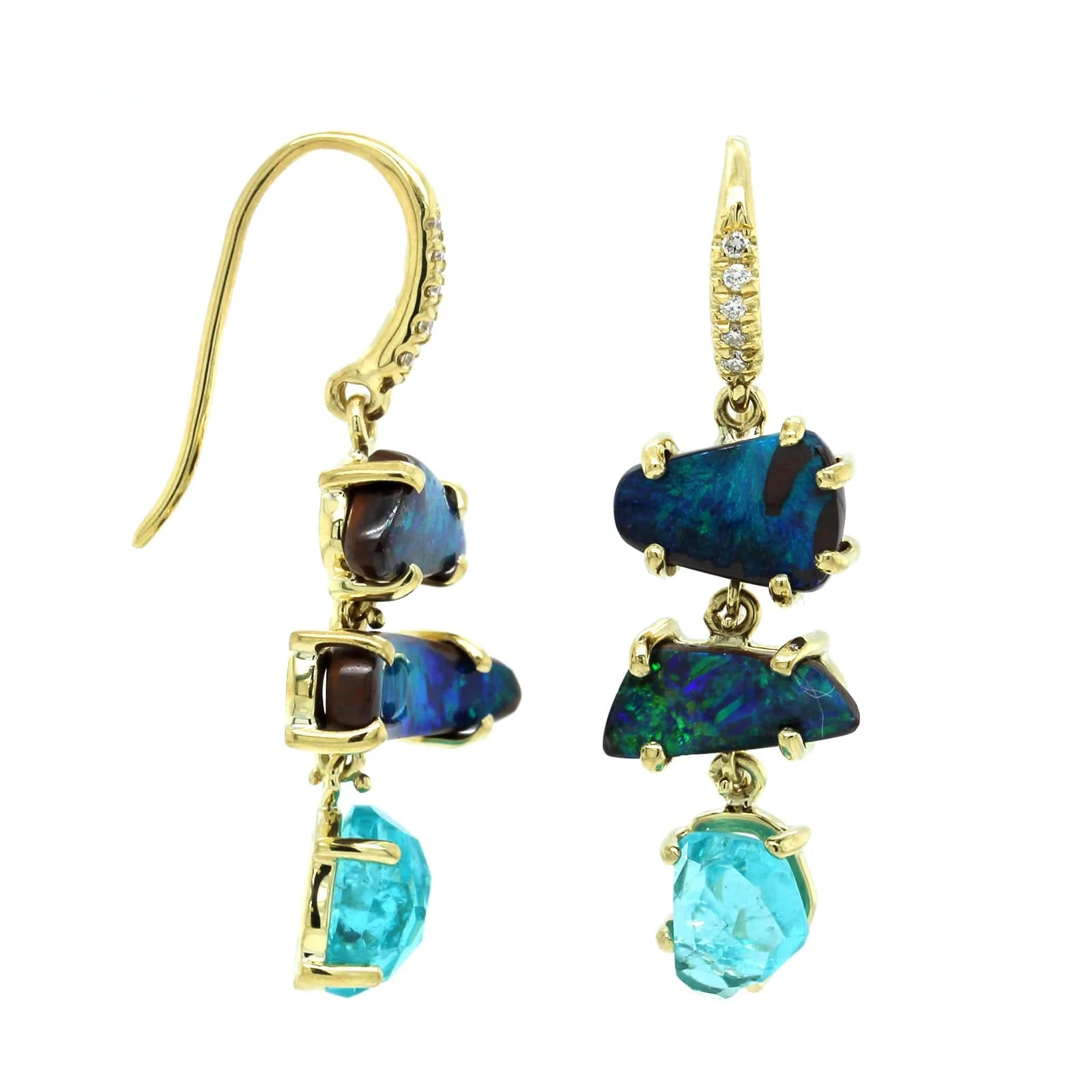 18K Yellow Gold Boulder Opal and Apatite Diamond Drop Earrings
