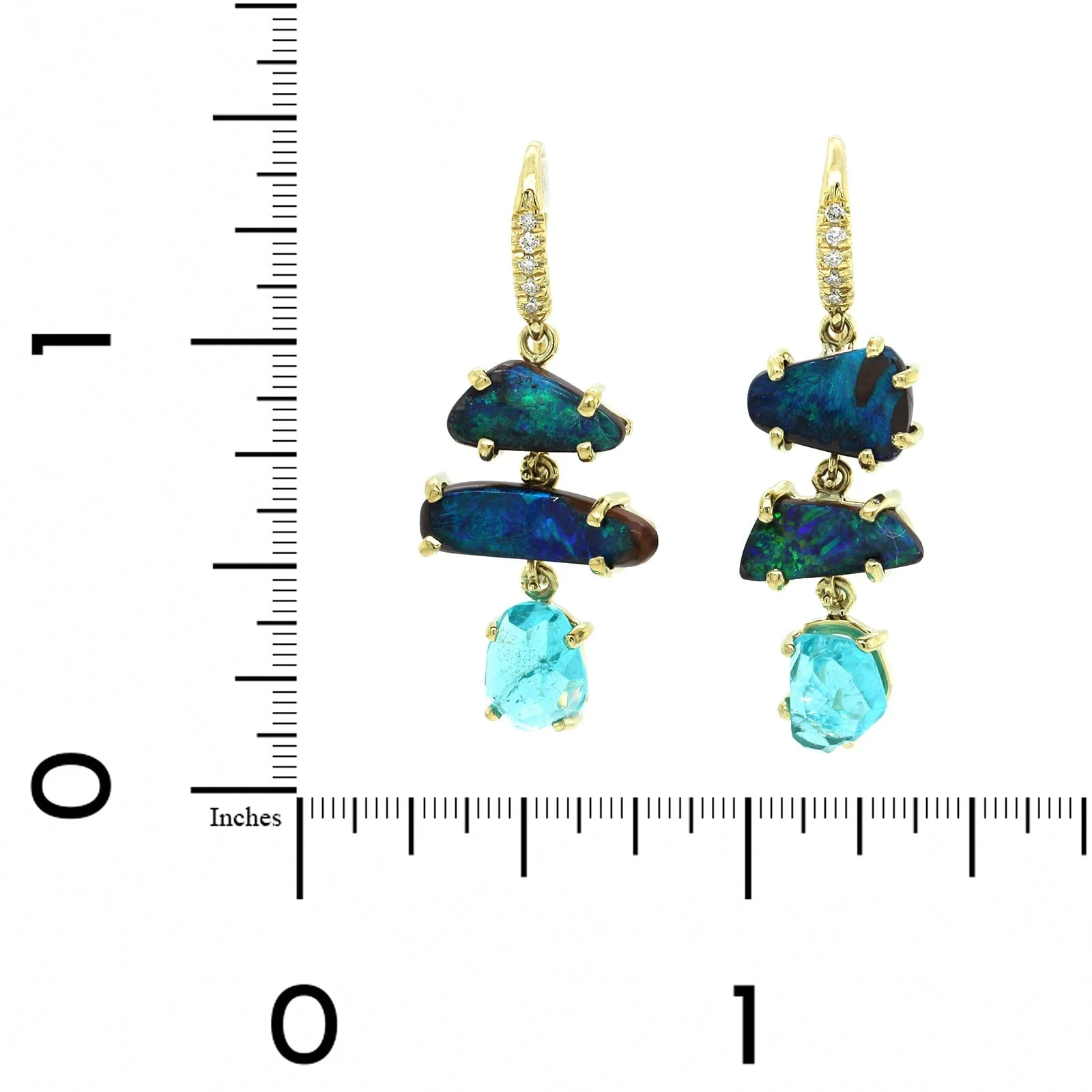 18K Yellow Gold Boulder Opal and Apatite Diamond Drop Earrings - Image 2