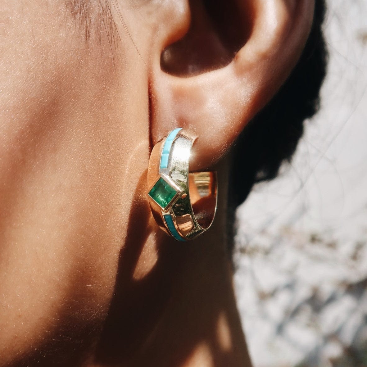 Emily P. Wheeler 18K Yellow Gold Emerald and Turquoise Emma Hoops - Image 2