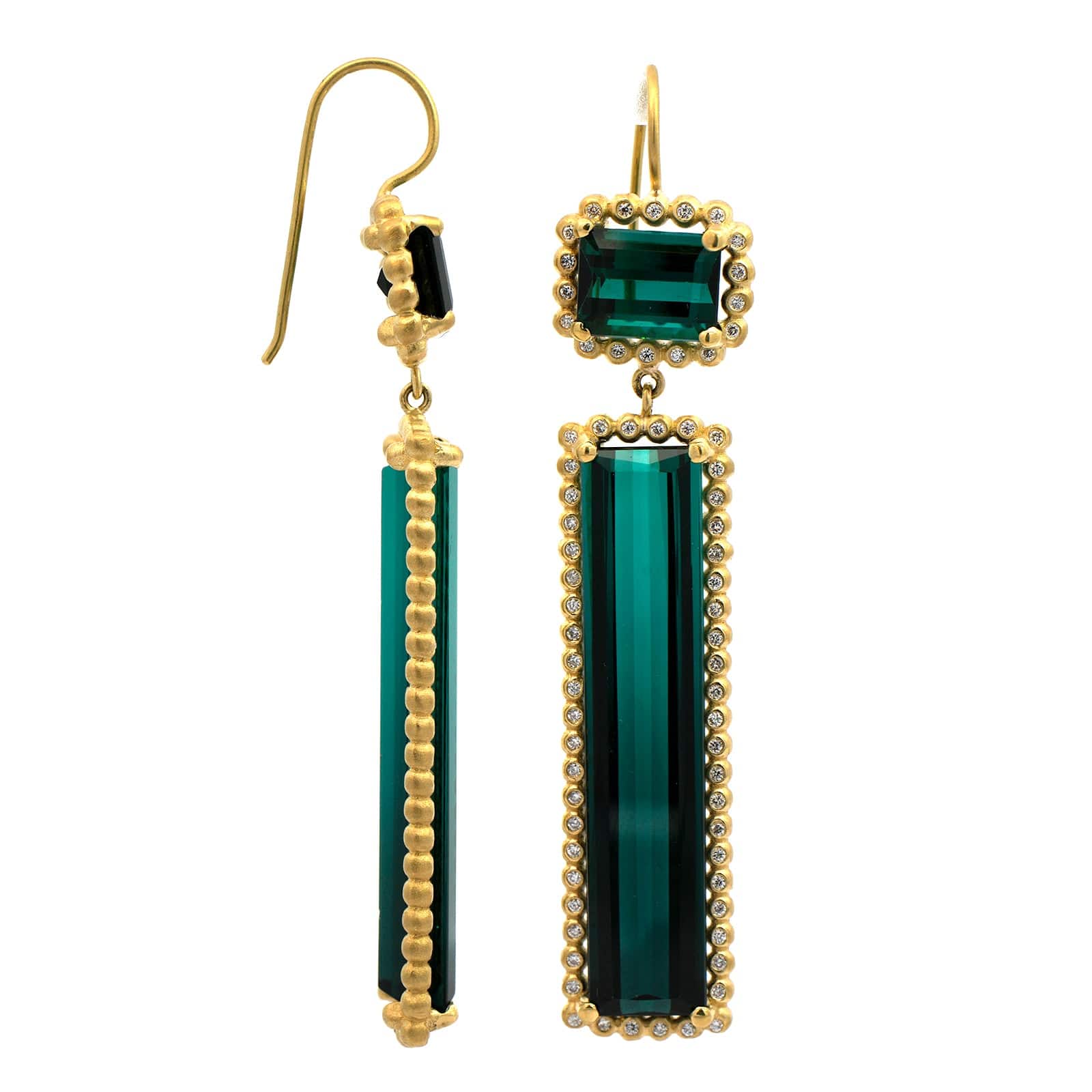 Suzy Landa 18K Yellow Gold Double Drop Tourmaline and Diamond Earrings - Image 3