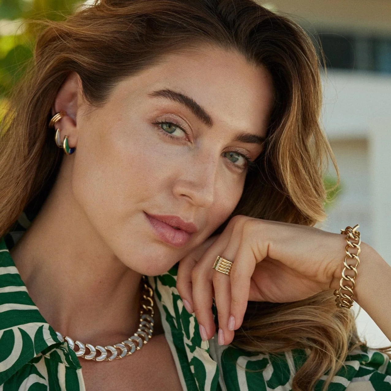 Sorellina 18K Yellow Gold Turquoise, Malachite, and Diamond Capri Inlay Huggie Earrings - Image 2