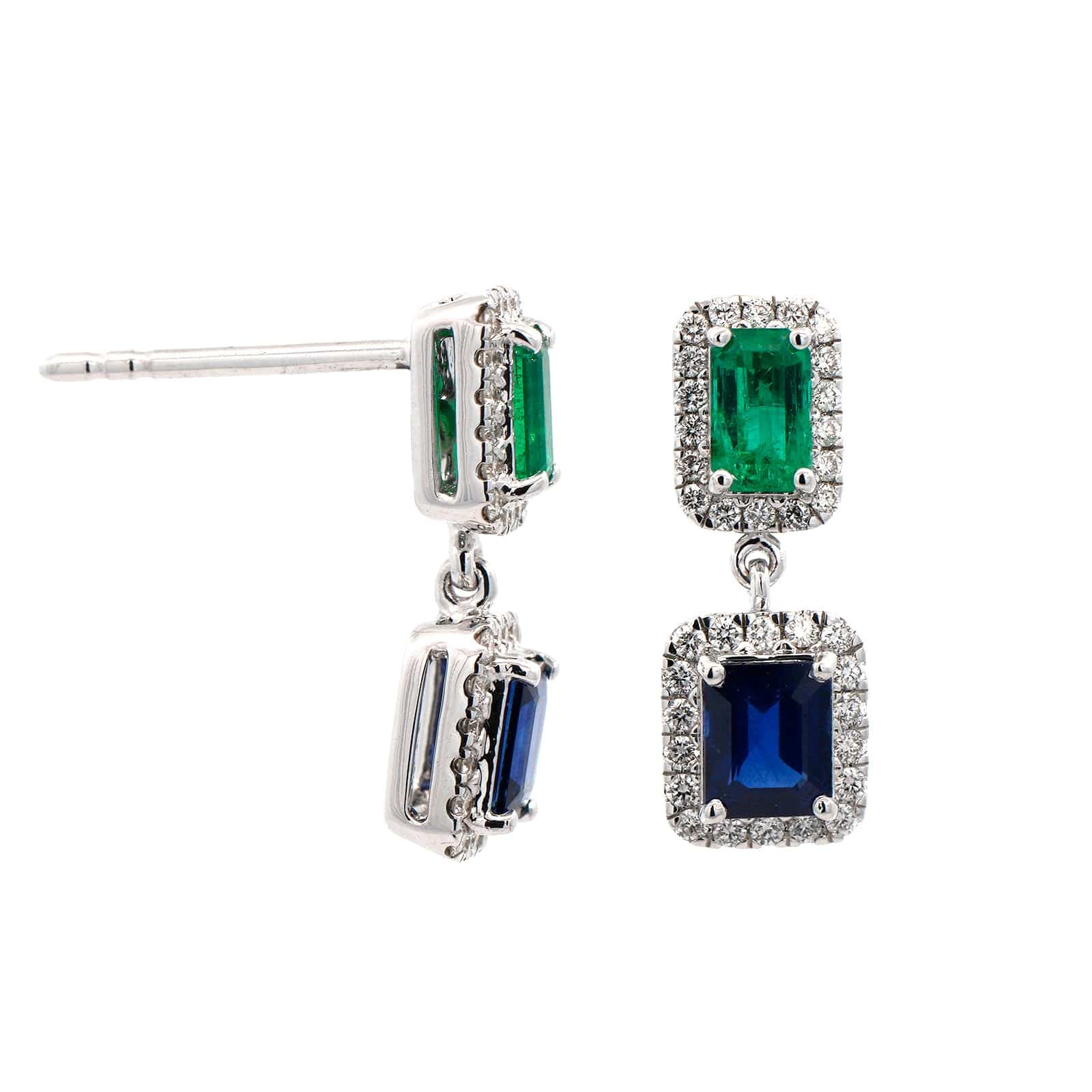 18K White Gold Emerald and Sapphire Diamond Halo Earrings