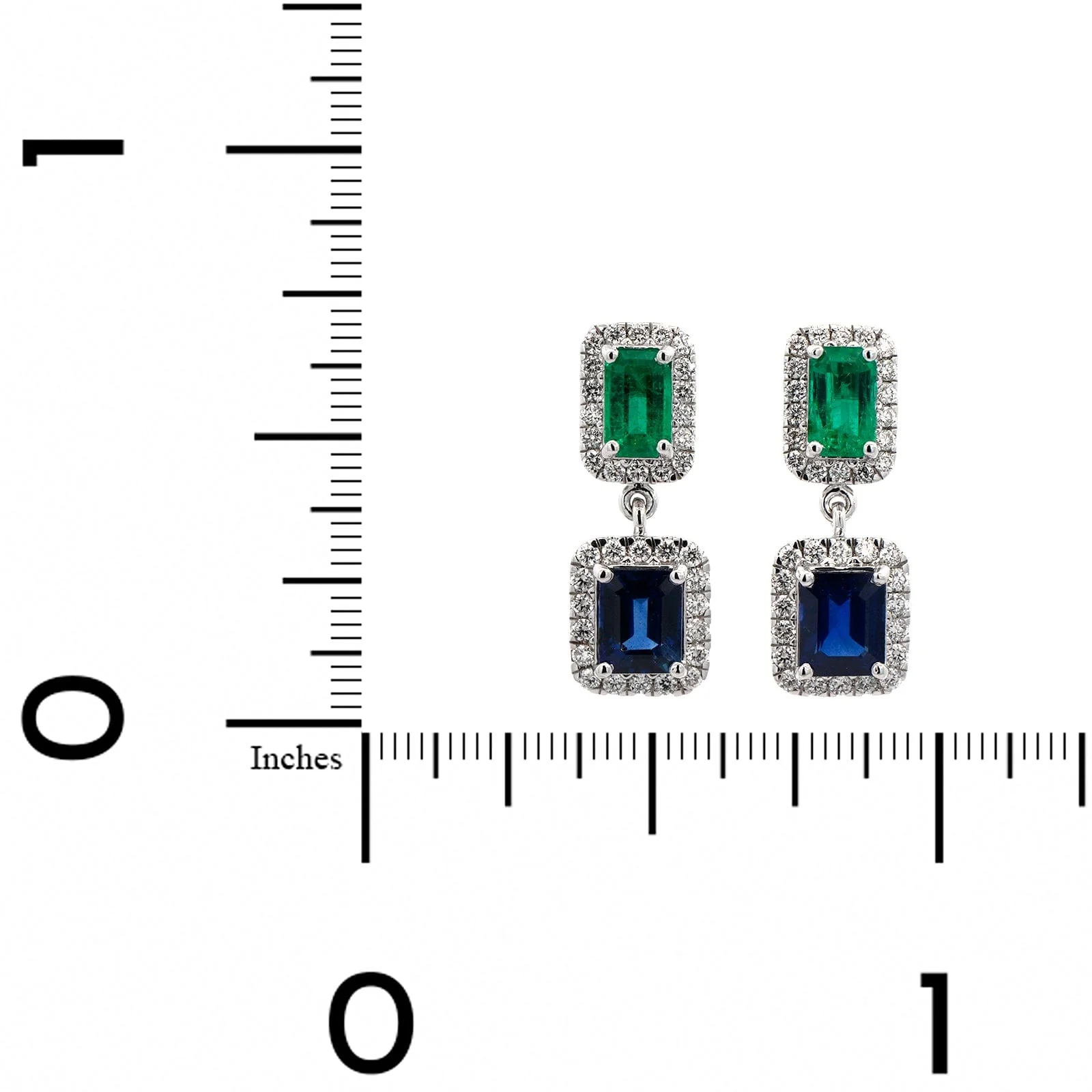 18K White Gold Emerald and Sapphire Diamond Halo Earrings - Image 2